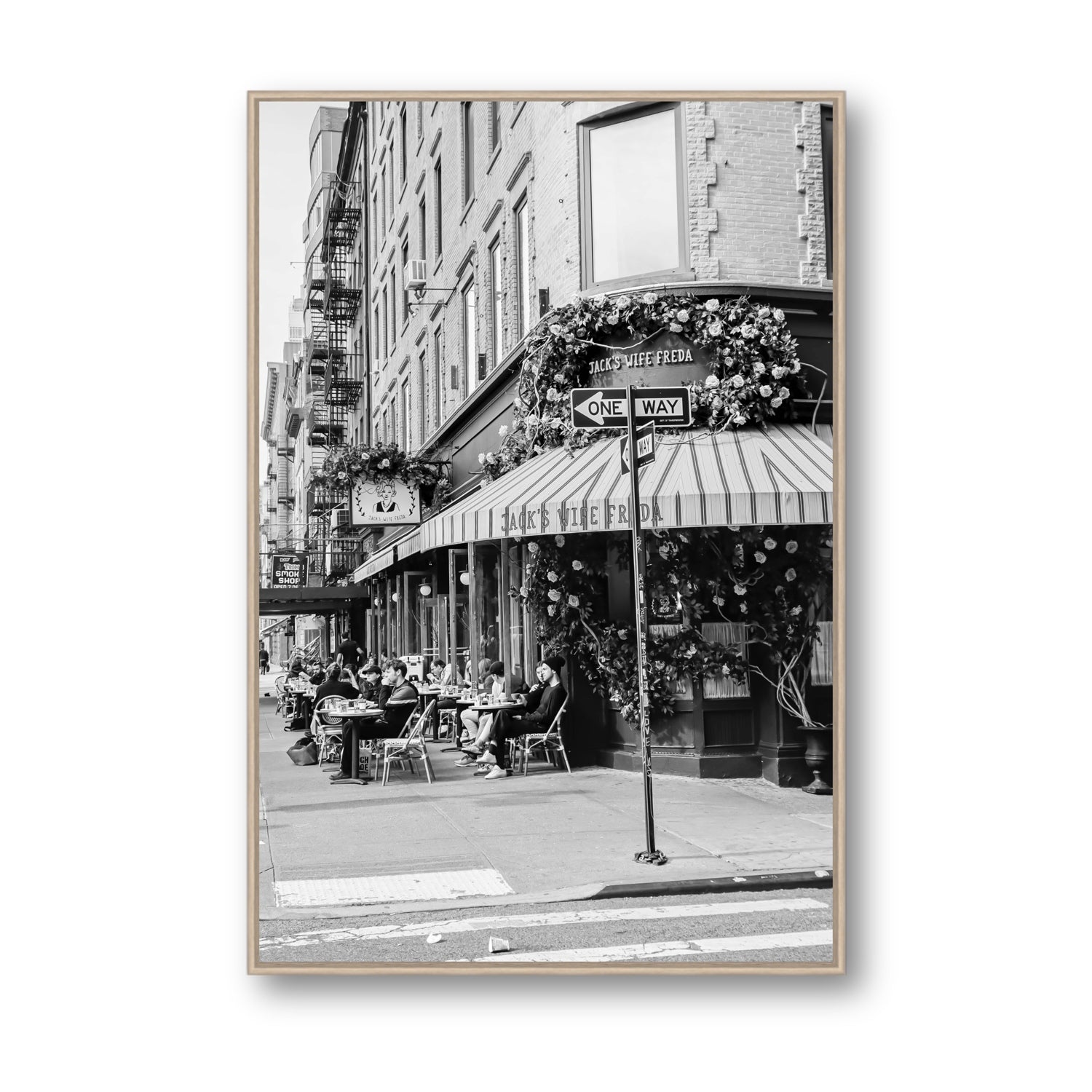 Freda's Feast New York NYC Black & White wall art Statement fine art canvas in natural oak float frame