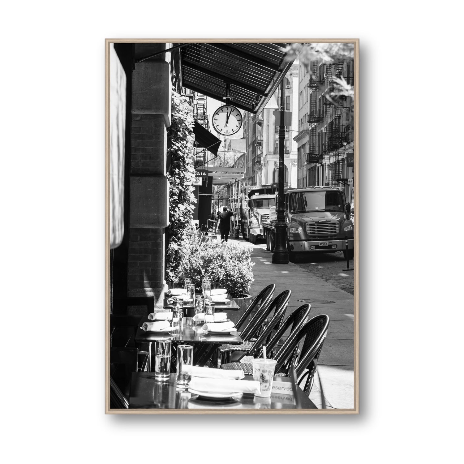 Mercer Street New York NYC Black & White wall art Statement fine art canvas in natural oak float frame
