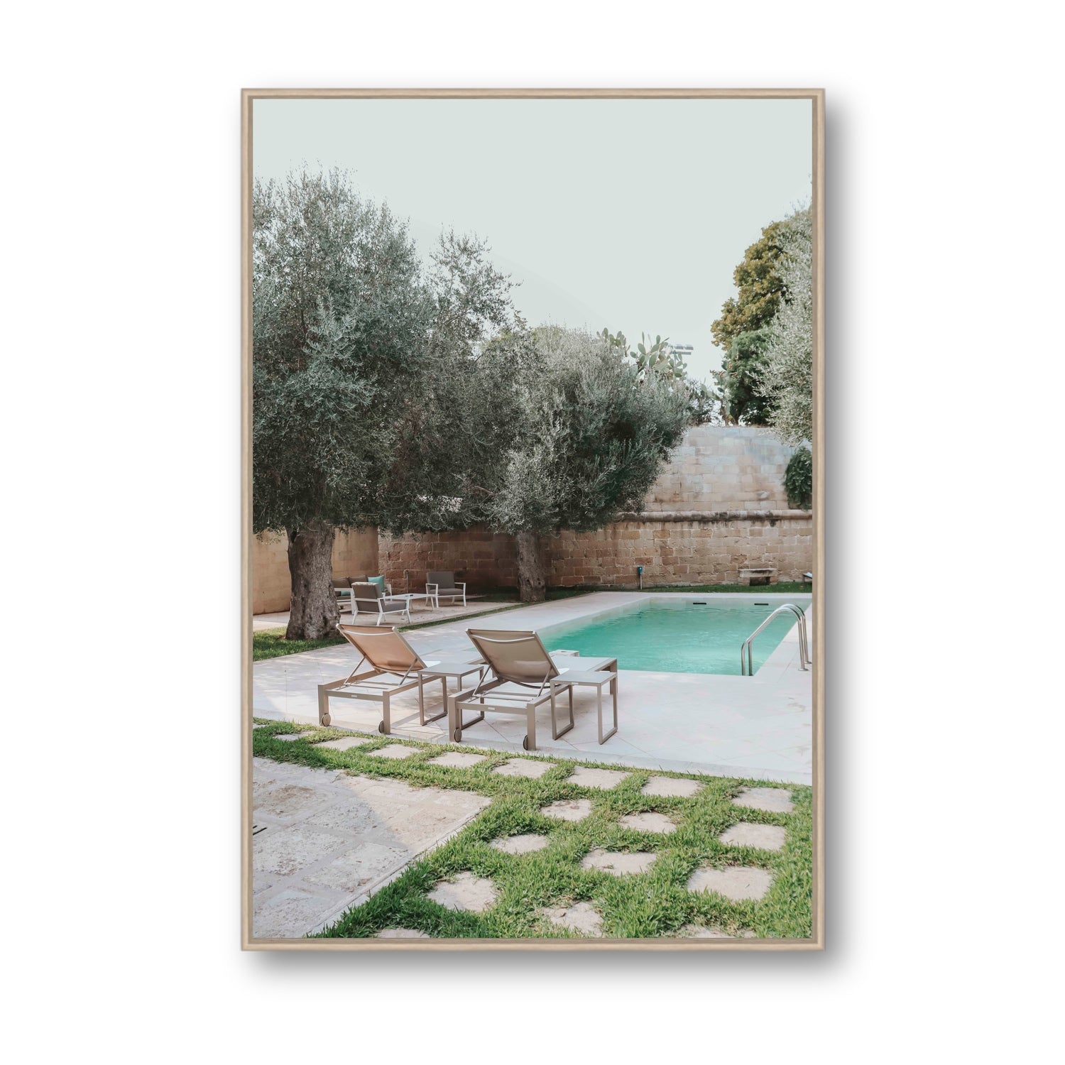 Olive Oasis Puglia Mediterranean wall art Statement fine art canvas in natural oak float frame