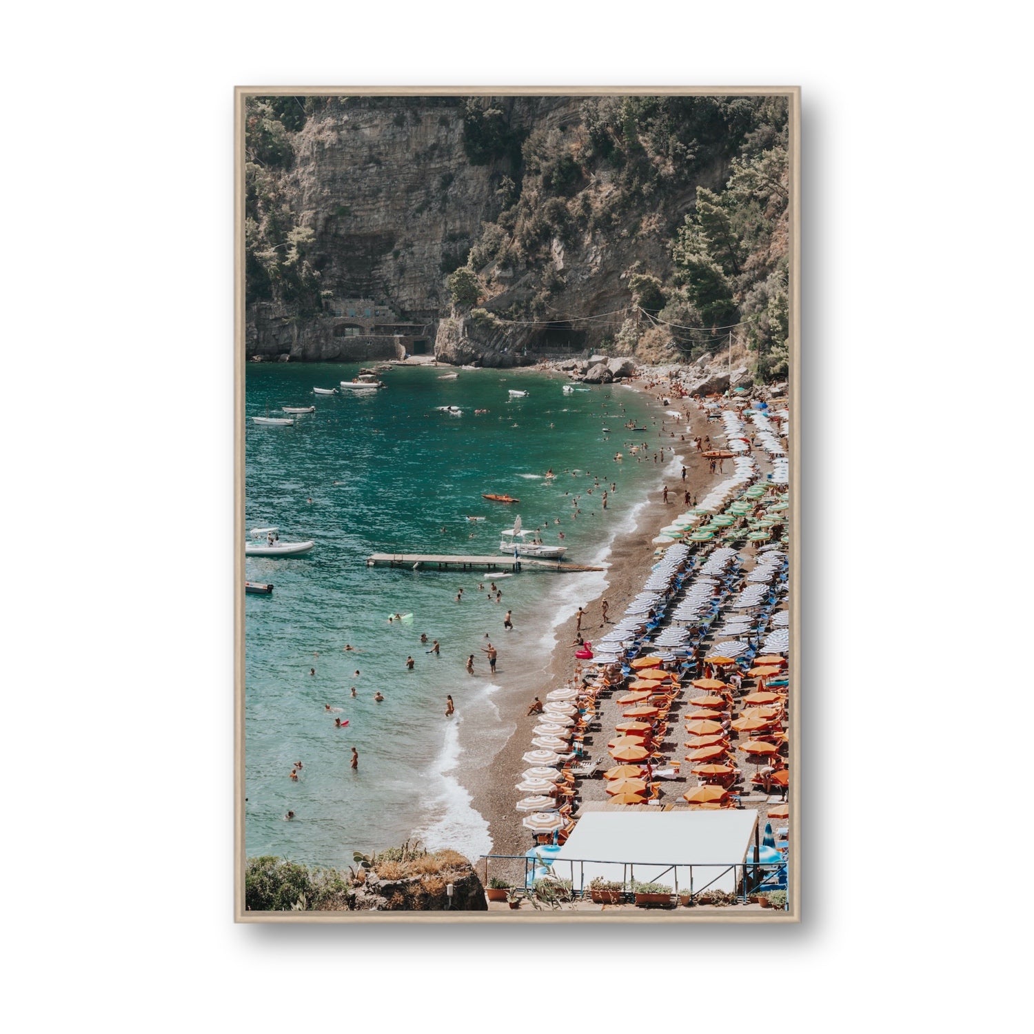 Parasol Panorama fine art print, Positano, Italy, Statement, Natural Oak Float Frame, Fine Art Canvas