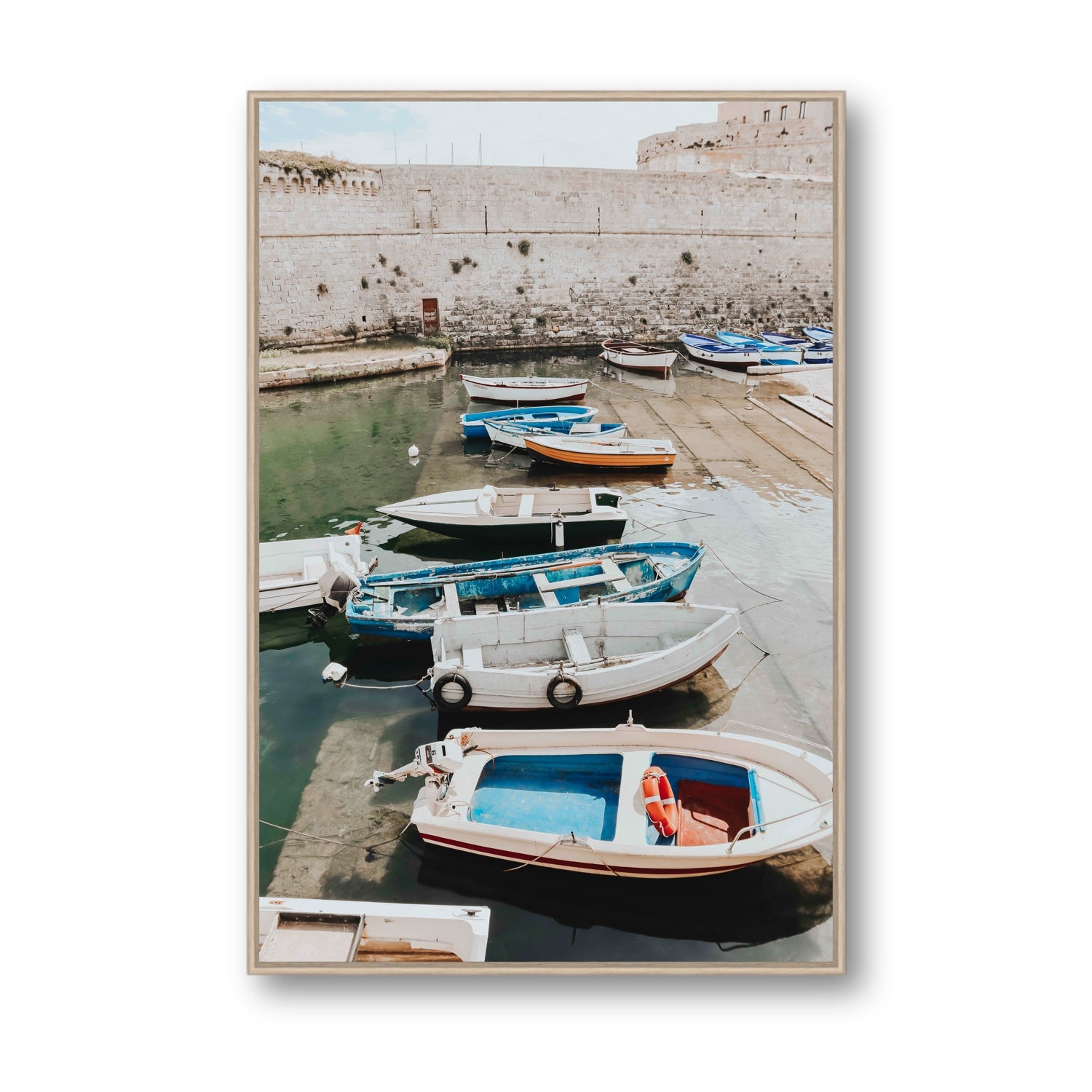 Harbour Palette Puglia coastal photography wall art Statement fine art canvas in natural oak float frame