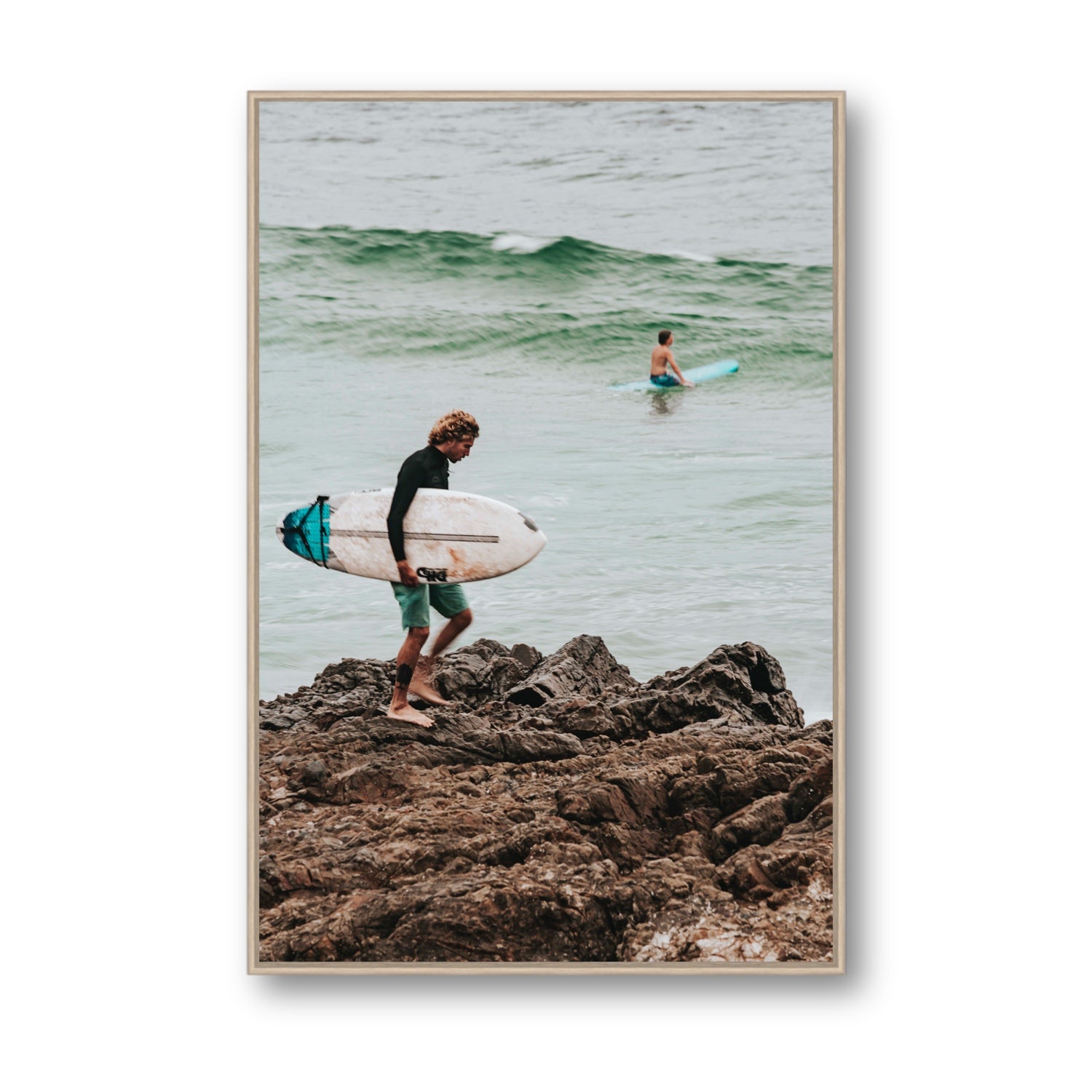 Not All Who Wander Are Lost Byron Bay Surf wall art Statement fine art canvas in natural oak float frame