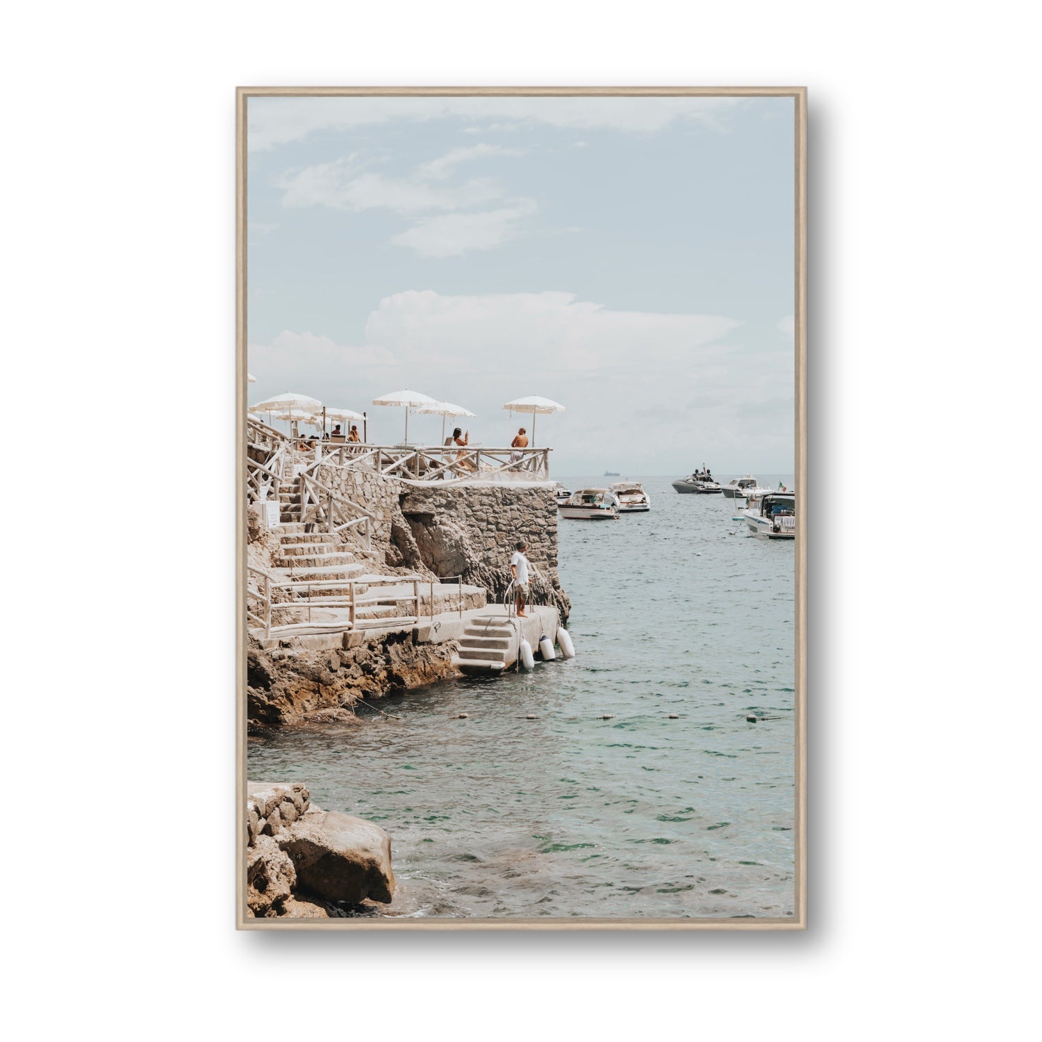 Pier Patrol fine art print, Nerano, Italy, Statement, Natural Oak Float Frame, Fine Art Canvas