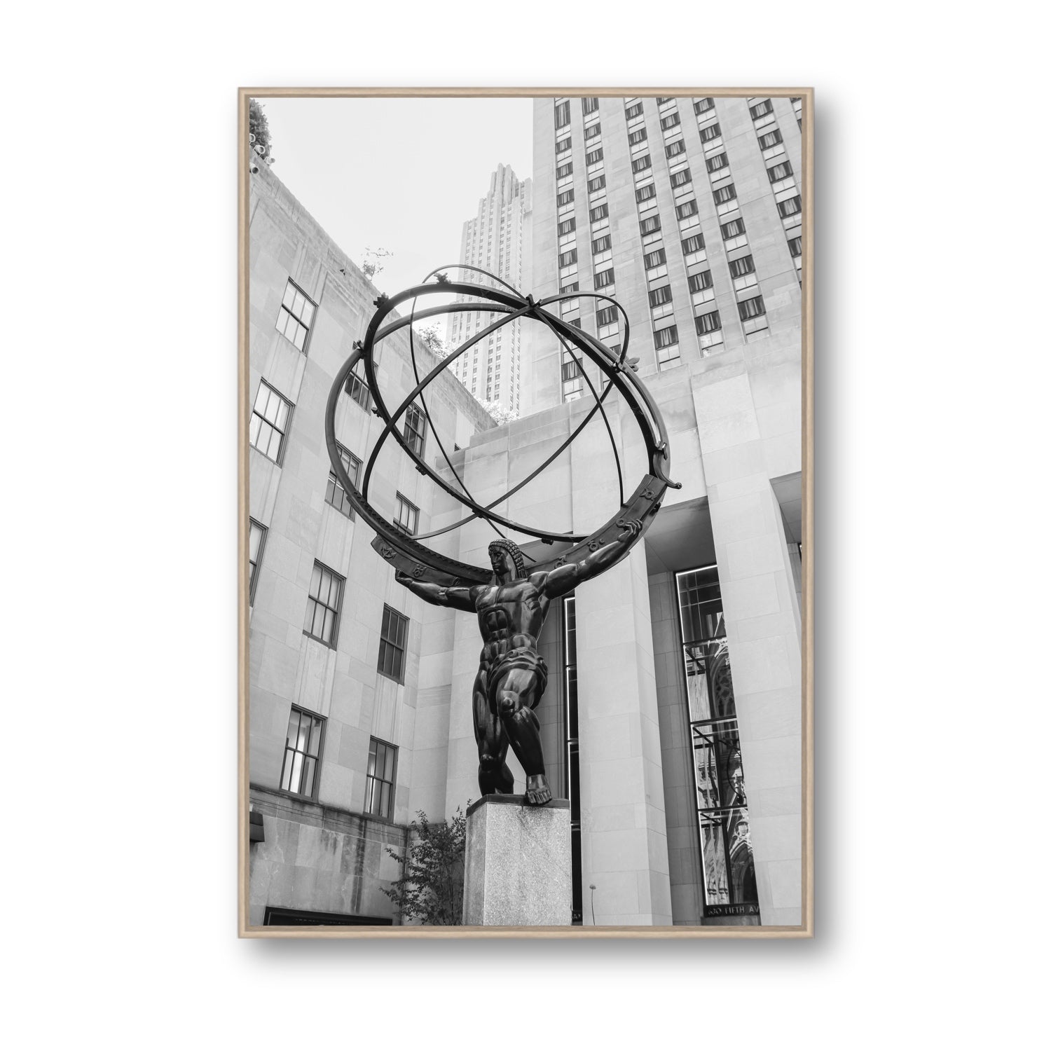 Atlas Ascends New York NYC Black & White wall art Statement fine art canvas in natural oak float frame