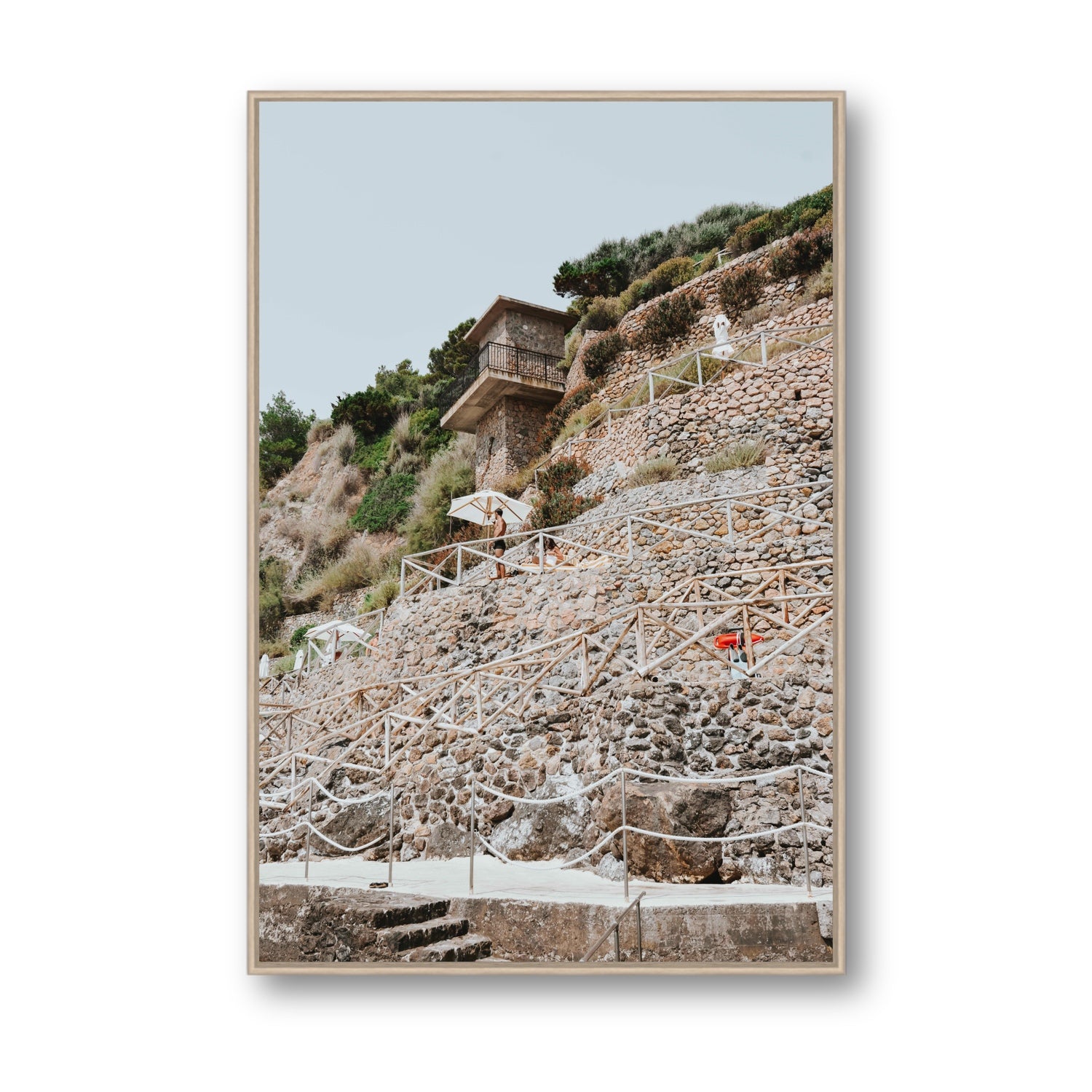 Solitude by the Sea Tuscany coastal Italian wall art Statement fine art canvas in natural oak float frame