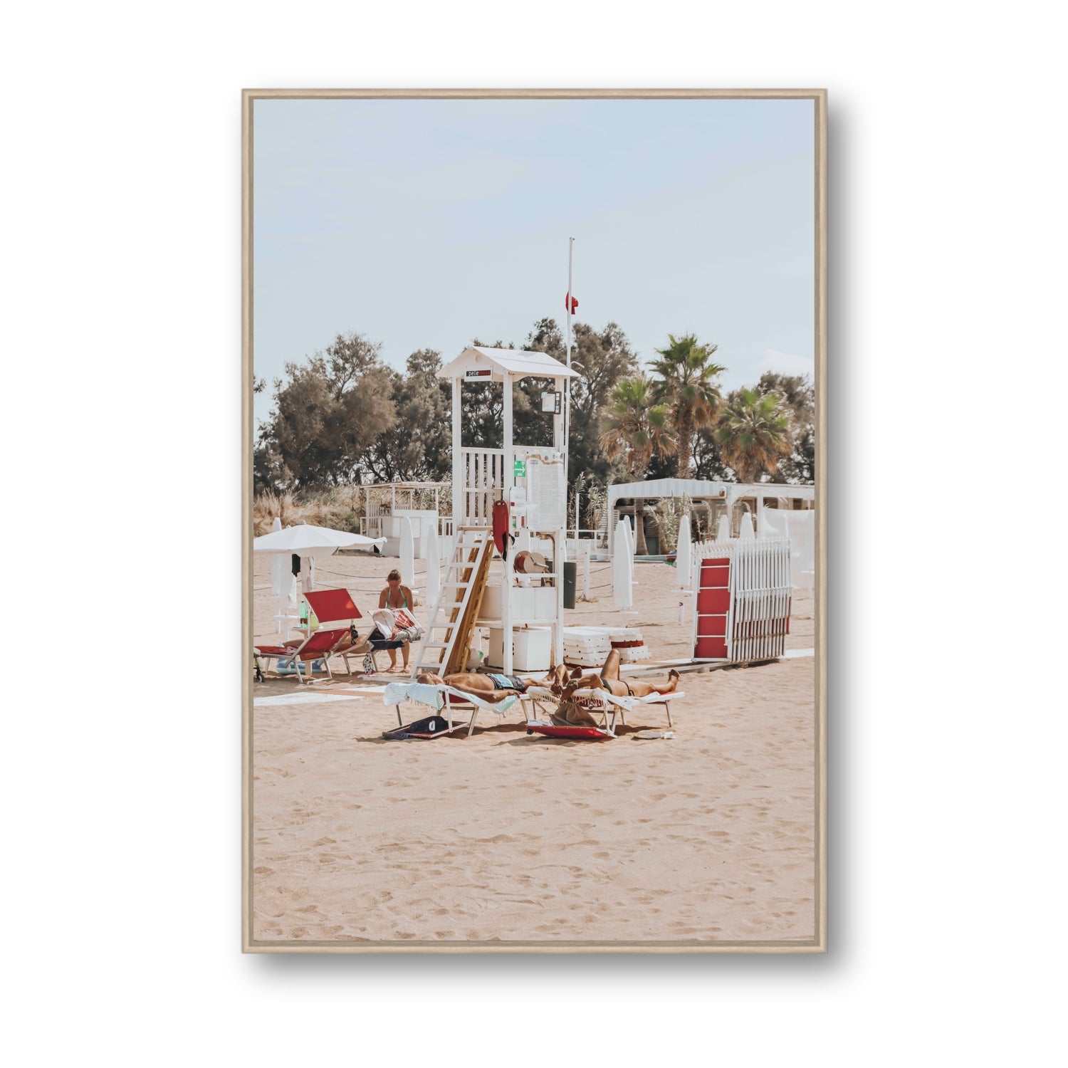 Red Lounge Reverie Puglia beach coastal wall art Statement fine art canvas in natural oak float frame