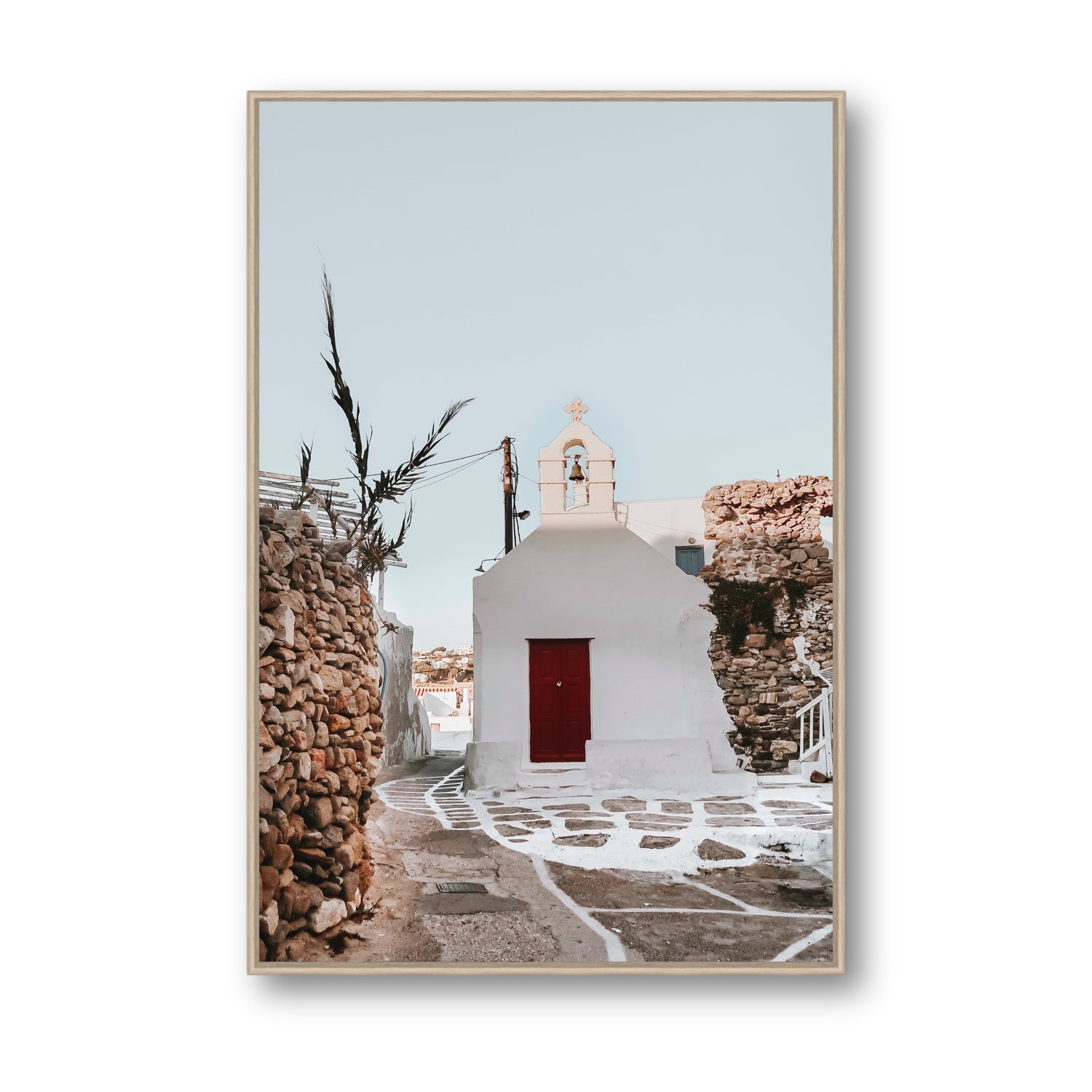 Little Chapel Mykonos Greek island wall art Statement fine art canvas in natural oak float frame