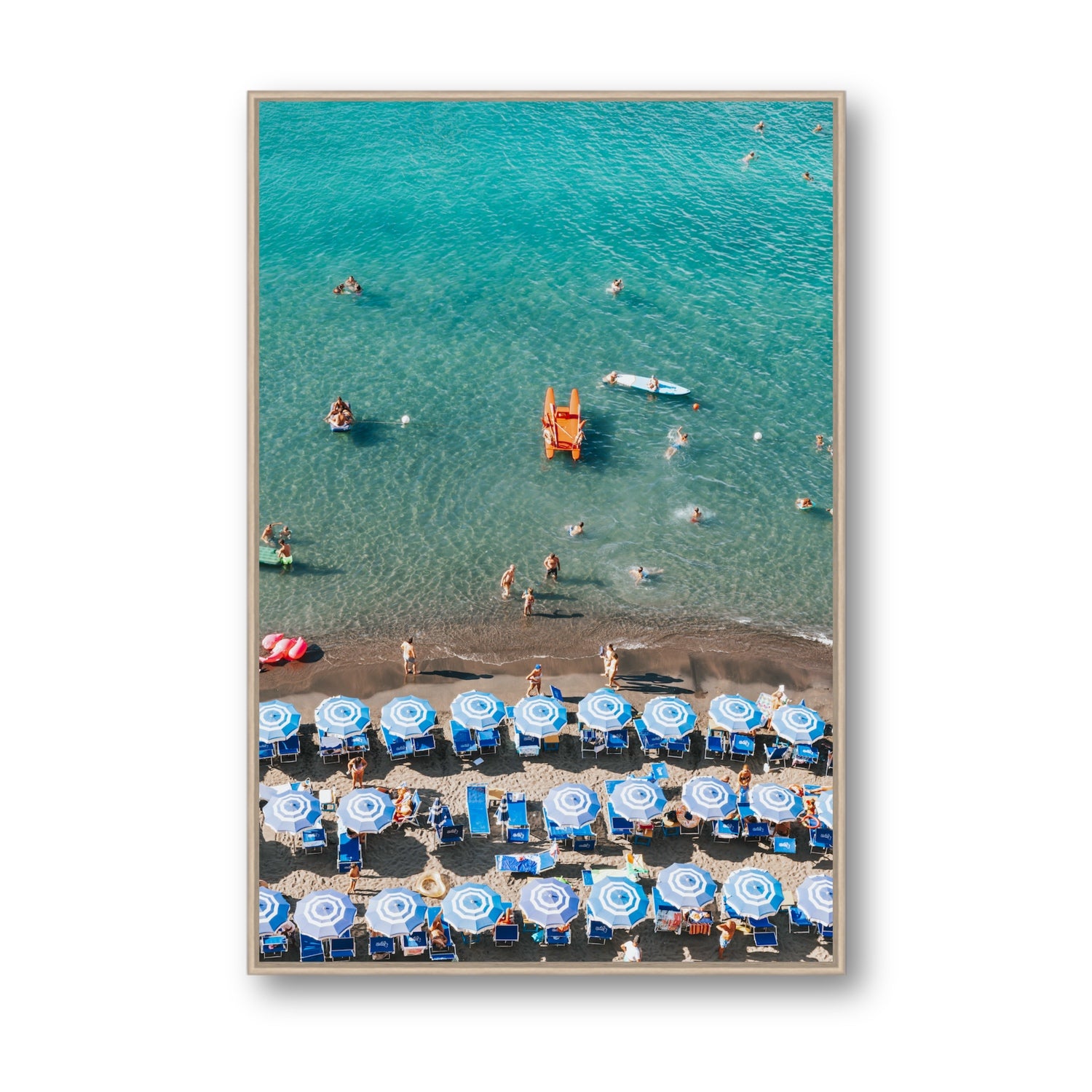 Aquamarine Oasis Sorrento Italian coastal wall art Statement fine art canvas in natural oak float frame