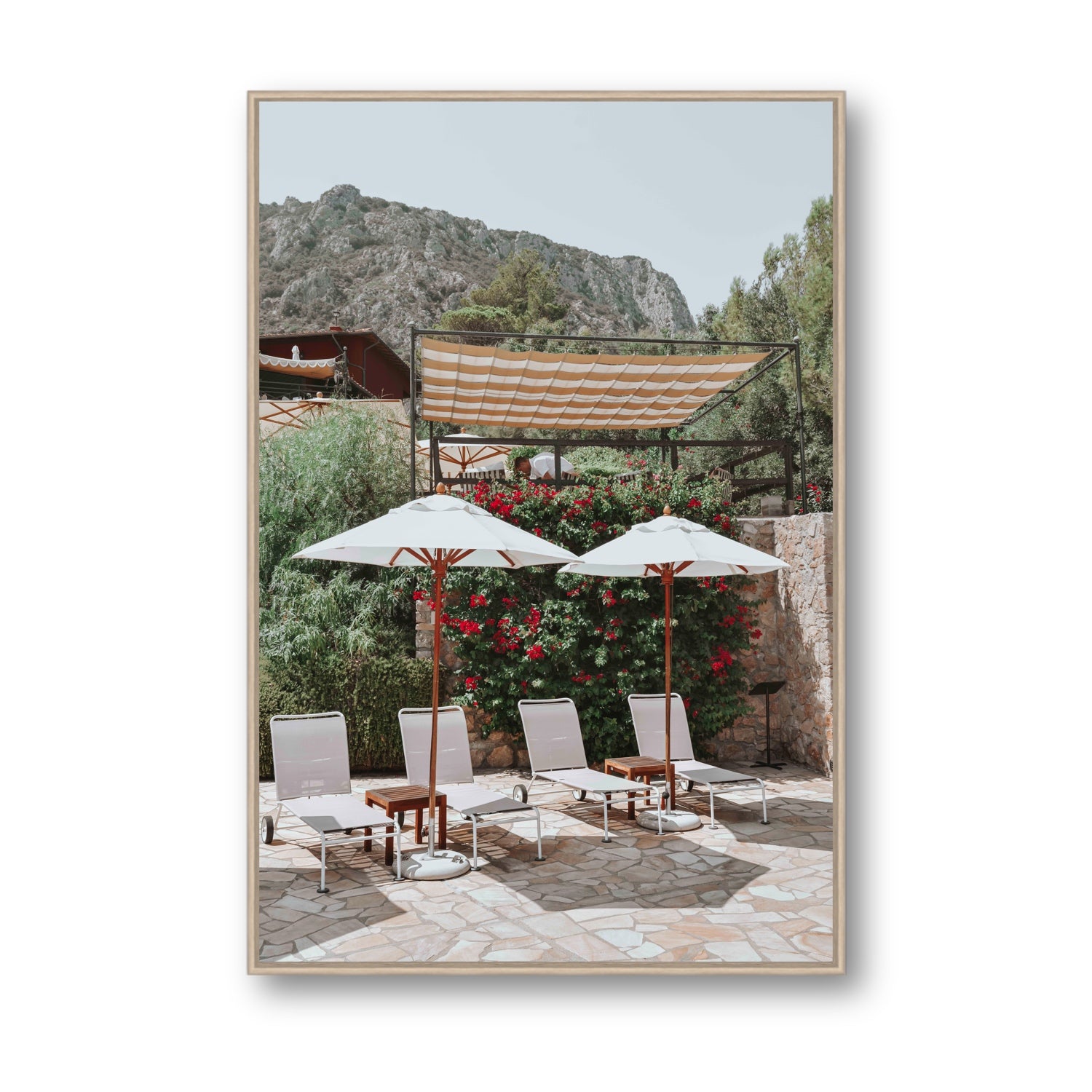 Shades of Leisure Tuscany coastal Italian wall art Statement fine art canvas in natural oak float frame
