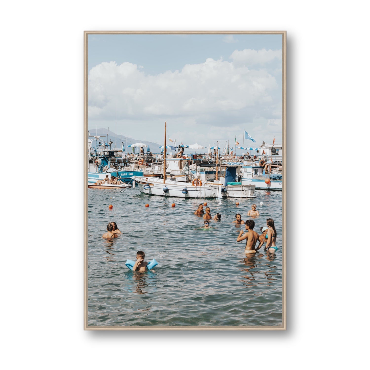 Vacanze Italiane Sorrento Italian coastal wall art Statement fine art canvas in natural oak float frame