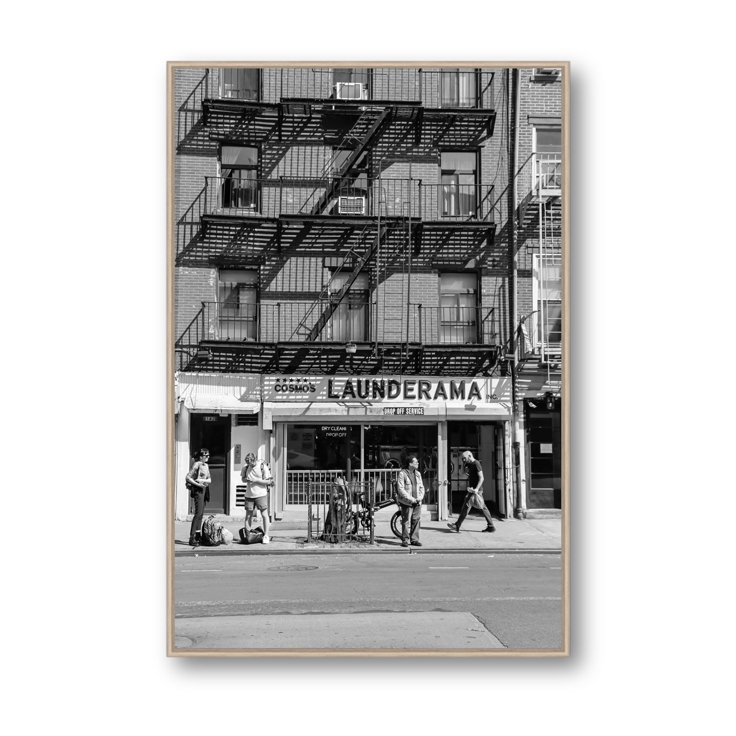 Bus Stop New York NYC Black & White wall art Statement fine art canvas in natural oak float frame