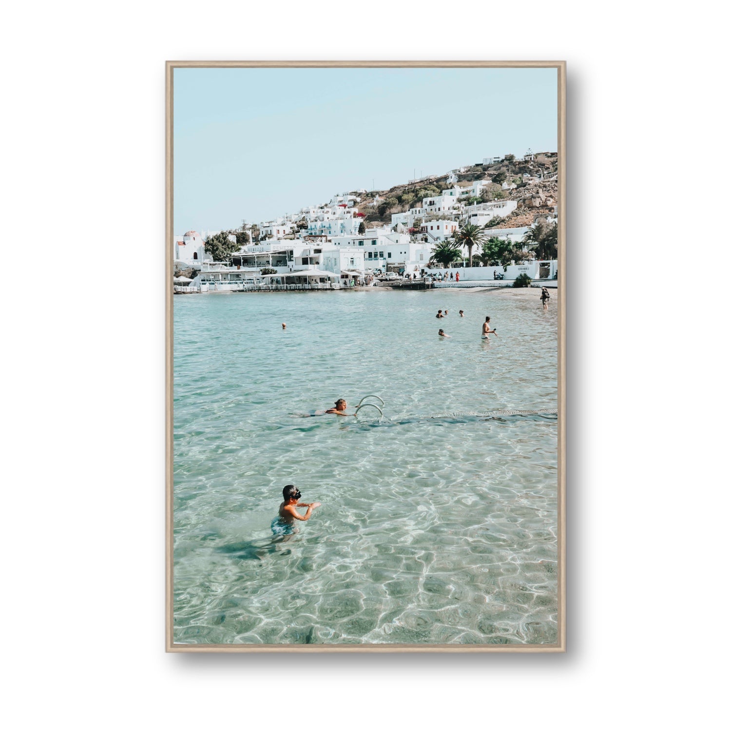 Beside The Seaside Mykonos beach Greek island wall art Statement fine art canvas in natural oak float frame