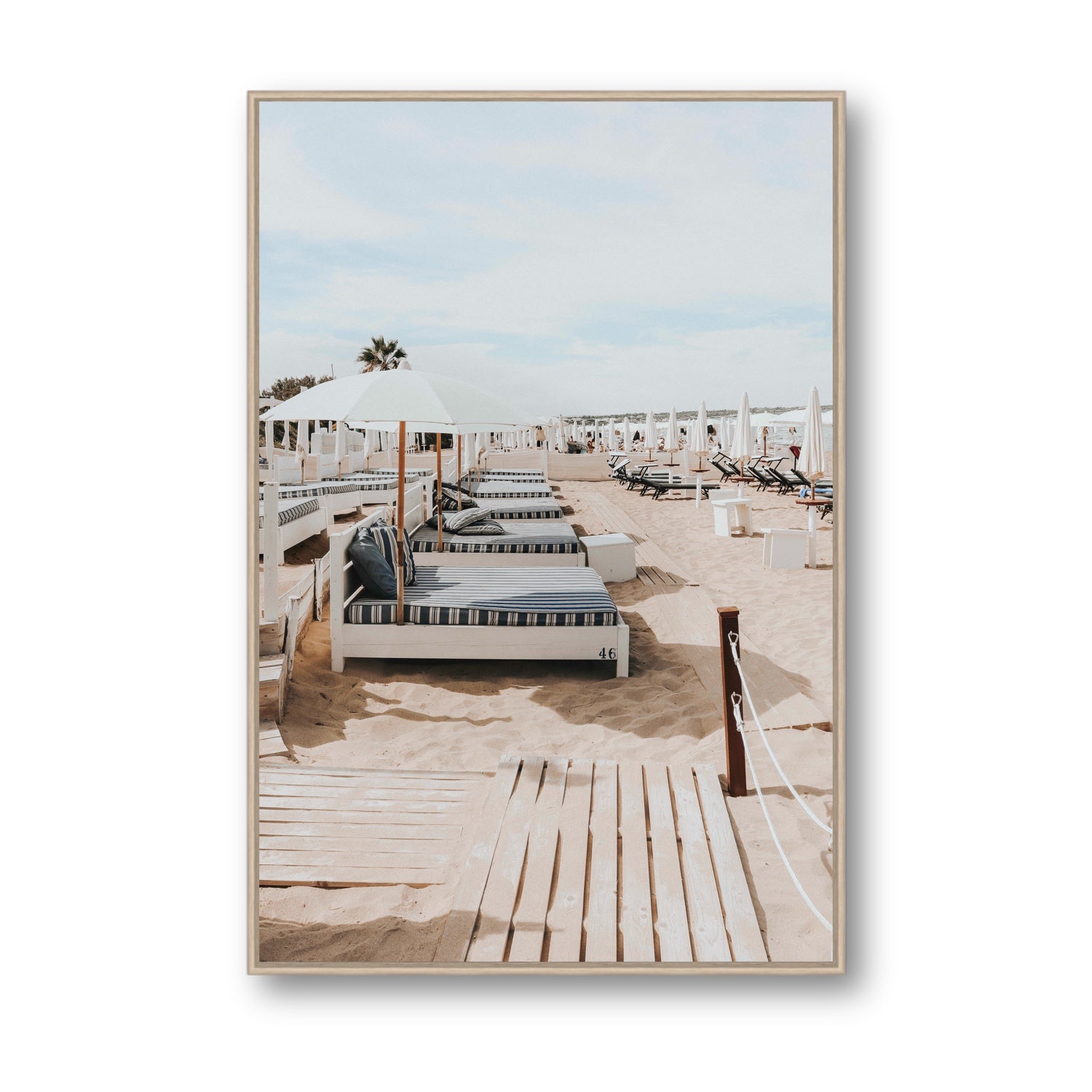Coastal Repose Puglia beach Mediterranean fine art print Statement fine art canvas in natural oak float frame