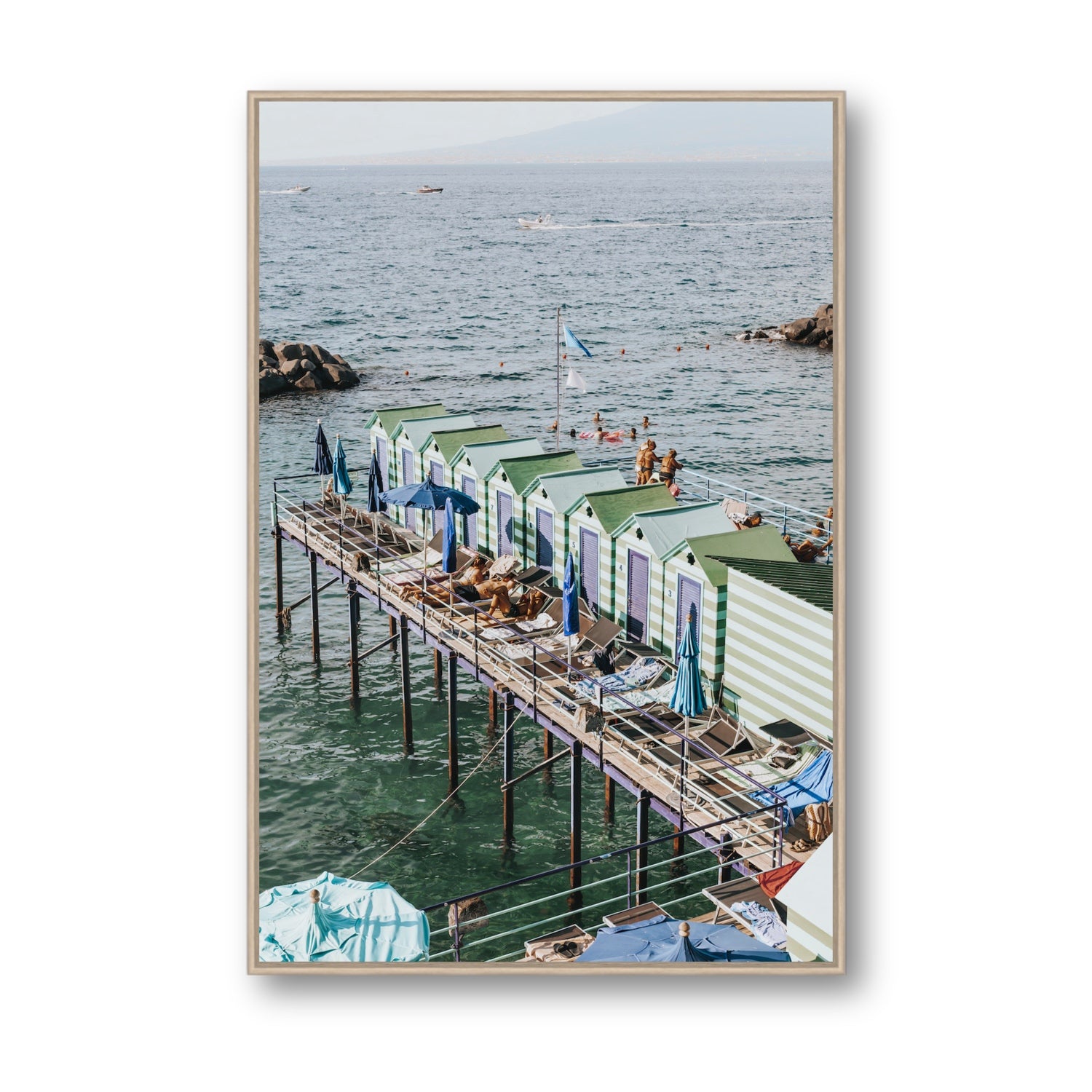 Cabine da Spiaggia fine art print, Sorrento, Italy, Statement, Natural Oak Float Frame, Fine Art Canvas