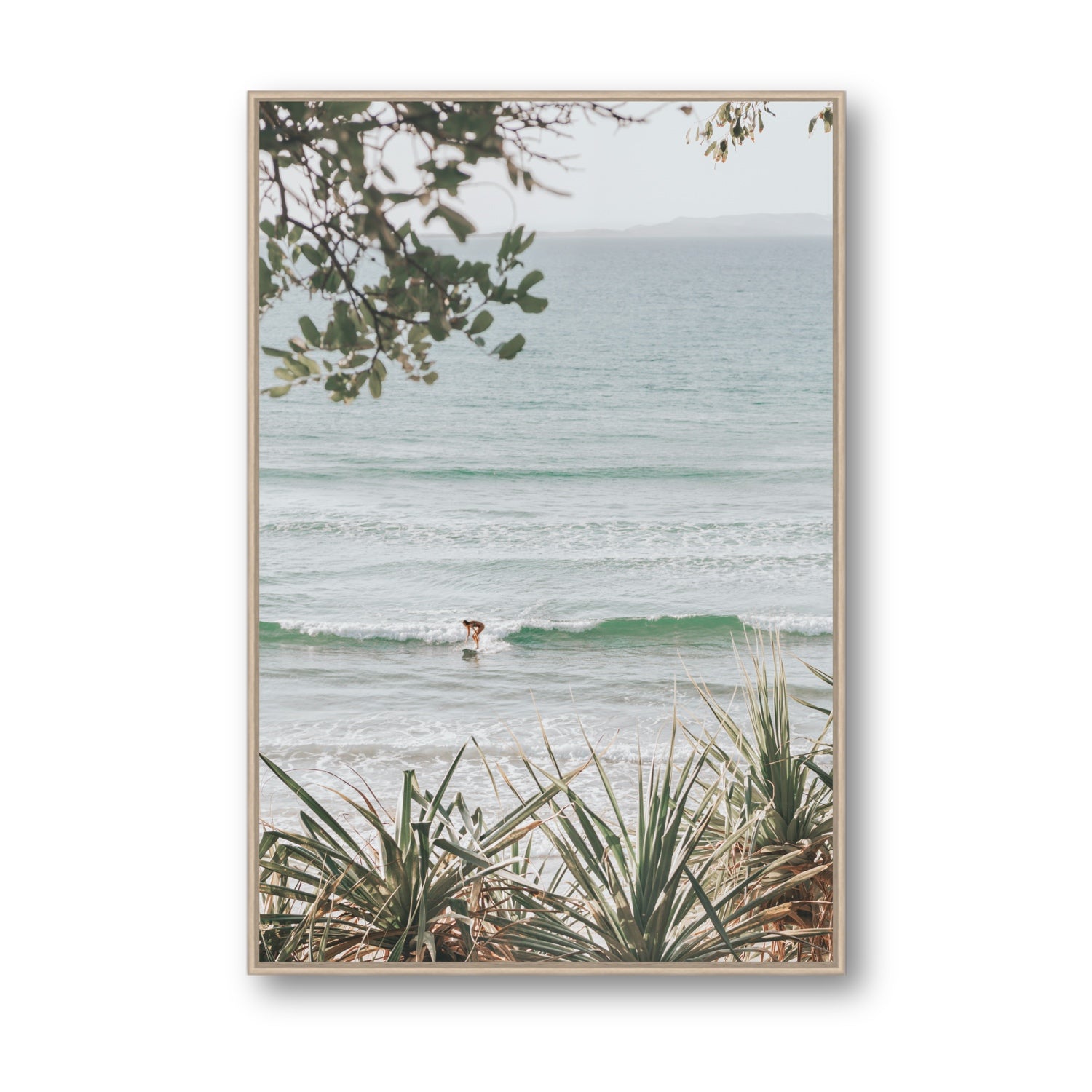Dream Boat fine art print, Noosa, Australia, coastal scenes artwork, Statement, Natural Oak Float Frame, Fine Art Canvas