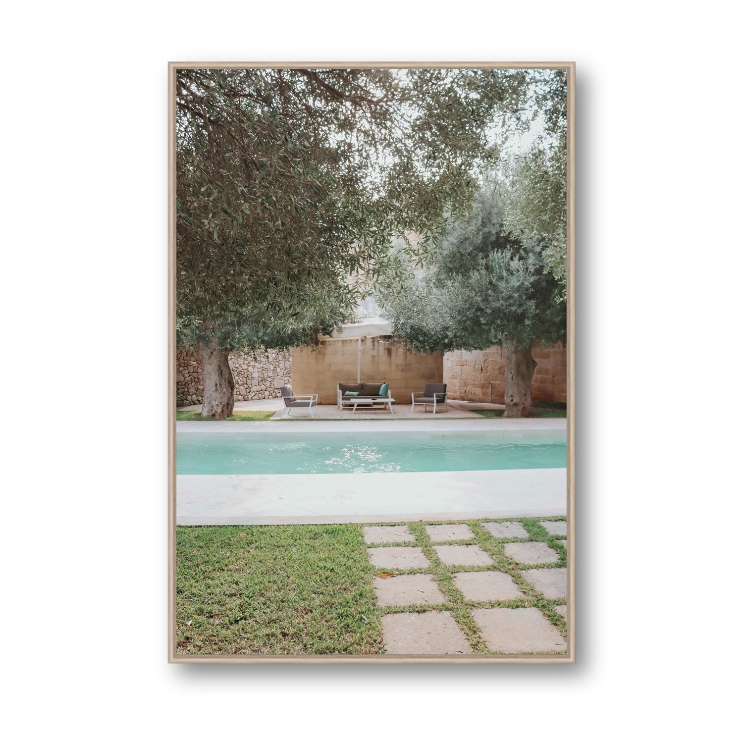 Idyllic Escape Puglia Mediterranean wall art Statement fine art canvas in natural oak float frame