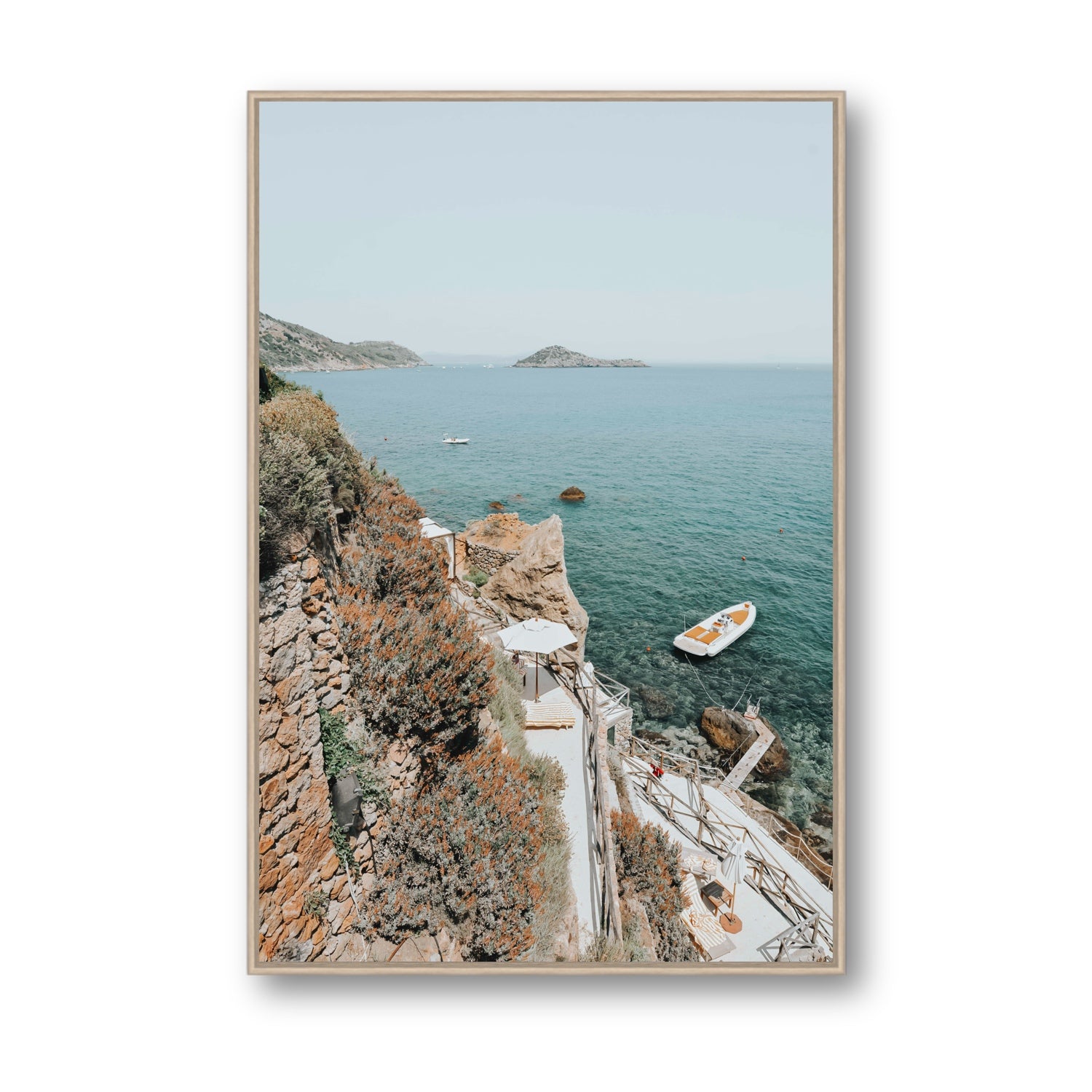 Front Row Seat Tuscany coastal wall art Statement fine art canvas in natural oak float frame
