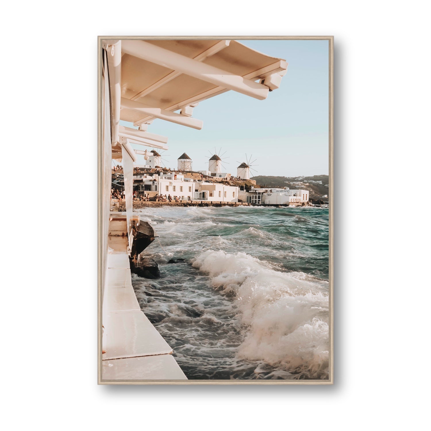 Windmills Mykonos Greek island wall art Statement fine art canvas in natural oak float frame