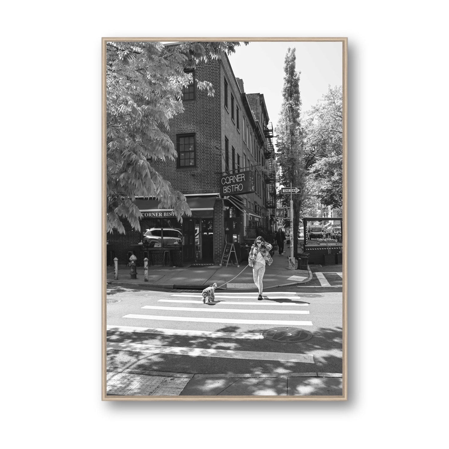 Sunlit Stroll New York NYC Black & White wall art Statement fine art canvas in natural oak float frame