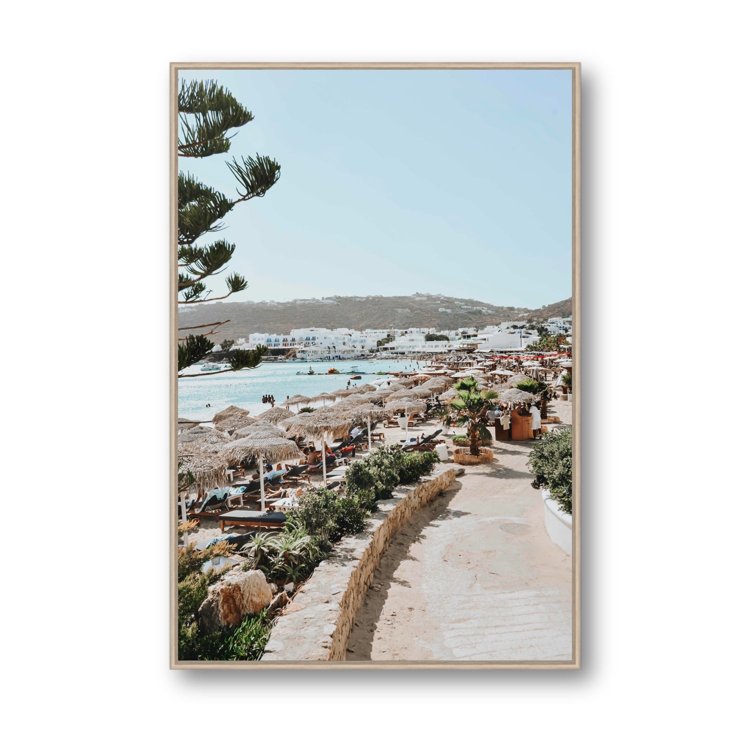 All Roads Lead To The Beach Mykonos Greek island wall art Statement fine art canvas in natural oak float frame