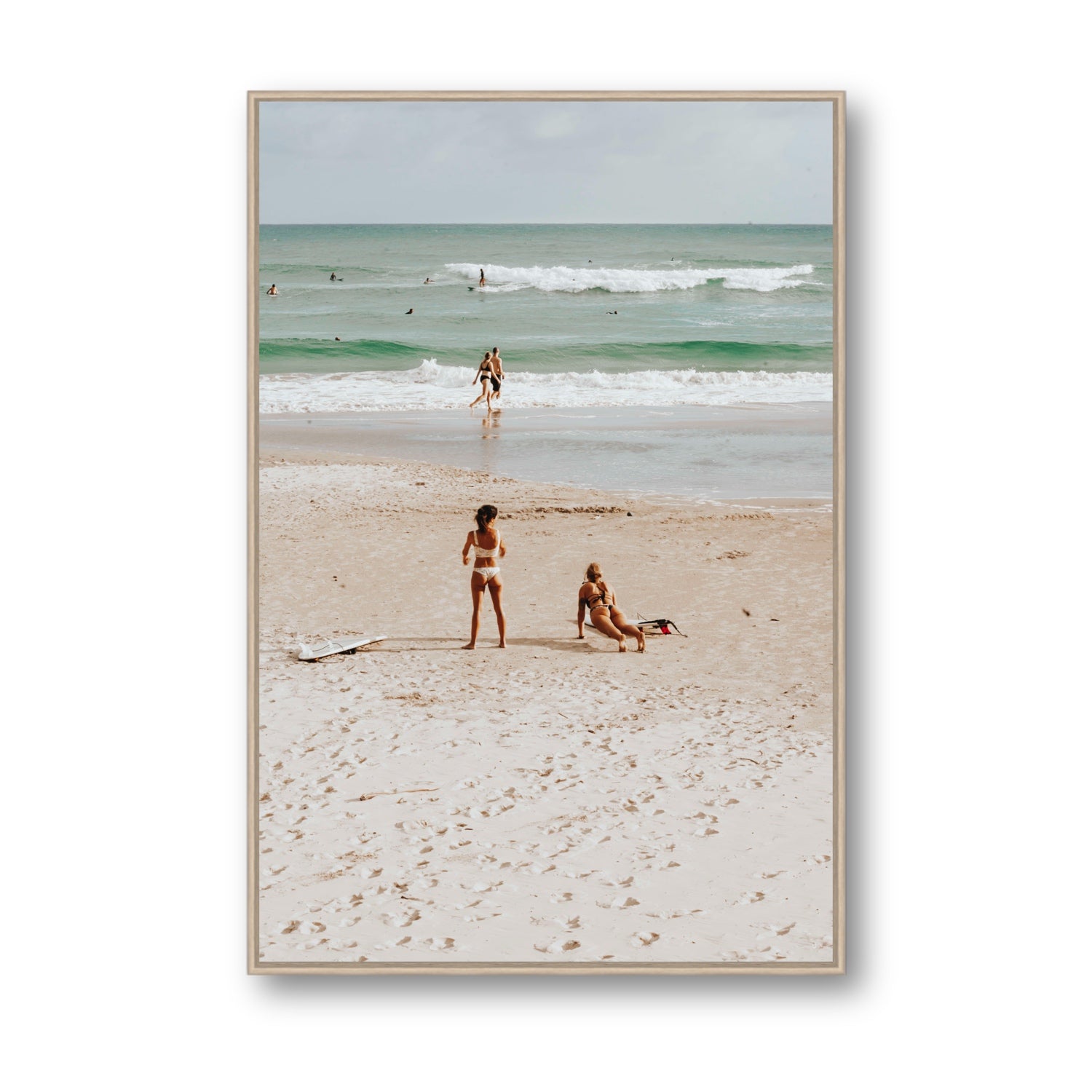 Gidget & Betty Byron Bay beach coastal wall art Statement fine art canvas in natural oak float frame