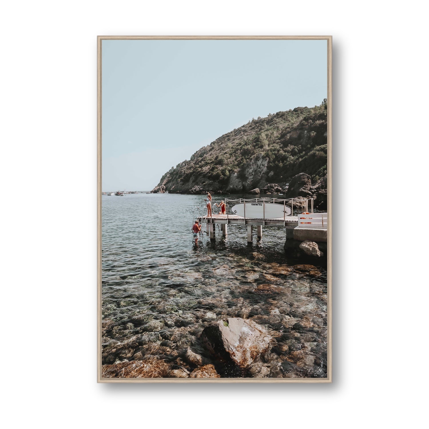 Tidal Explorers Tuscany coastal Italian wall art Statement fine art canvas in natural oak float frame