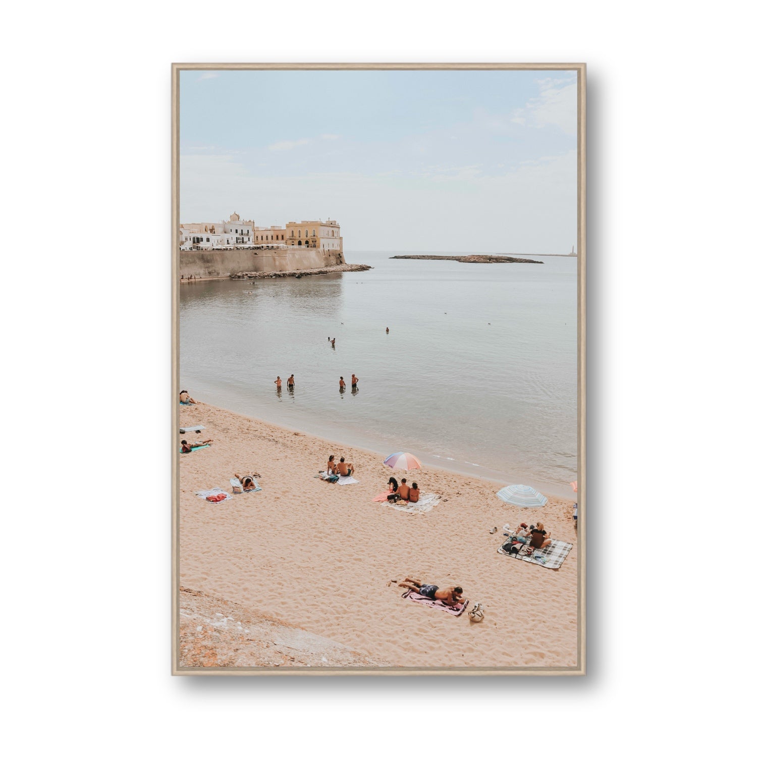 Spiaggia della Purita Puglia coastal art print Statement fine art canvas in natural oak float frame