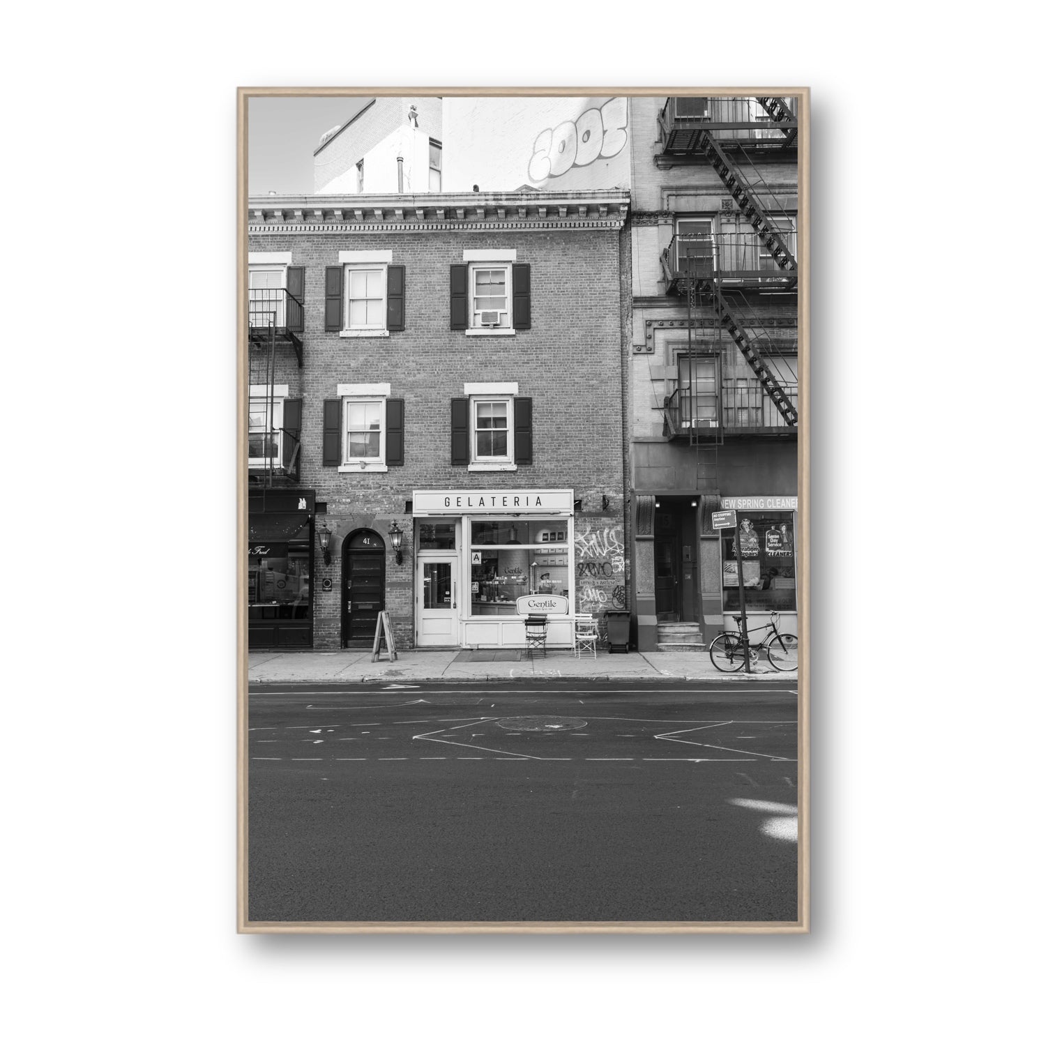 Gelateria New York NYC Black & White wall art Statement fine art canvas in natural oak float frame