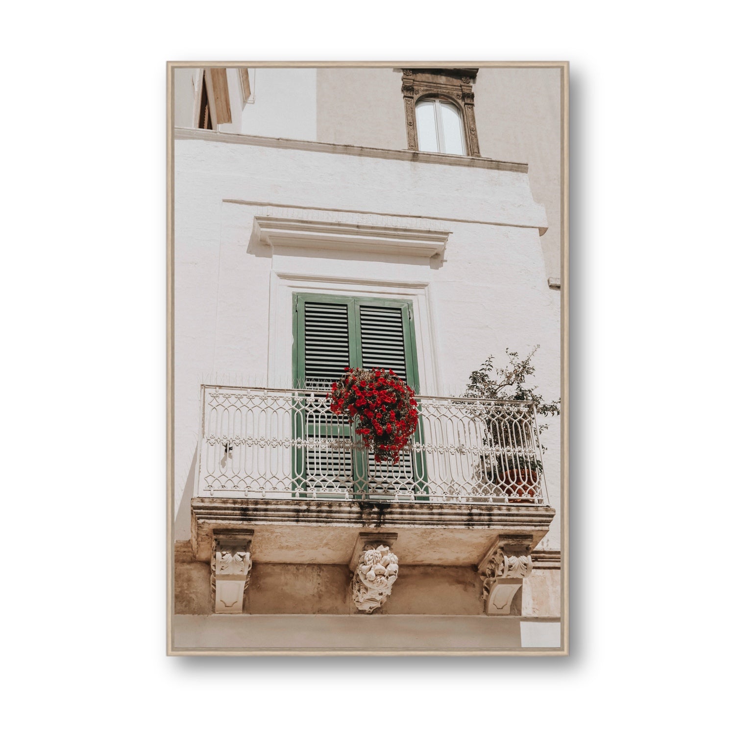 Balcone Estivo Puglia Italian wall art Statement fine art canvas in natural oak float frame