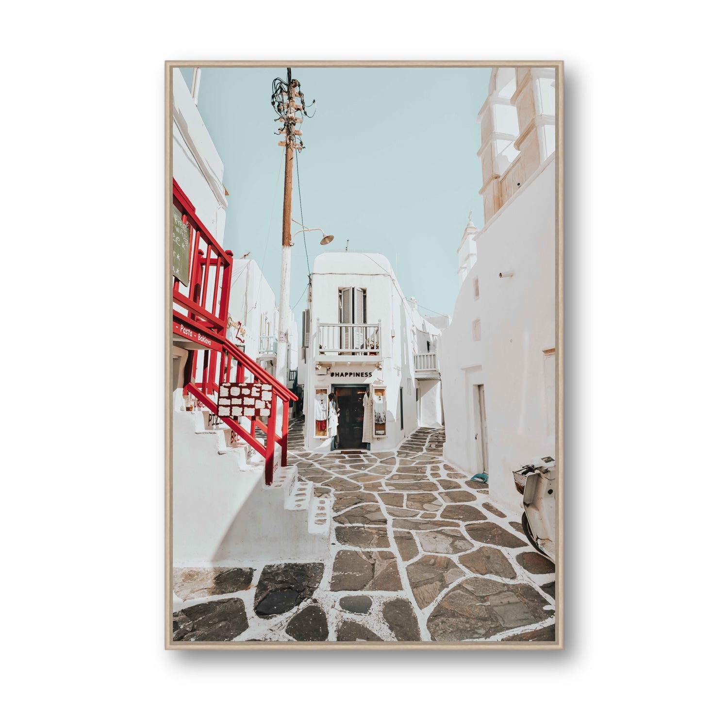 Happiness Mykonos Greek island wall art Statement fine art canvas in natural oak float frame