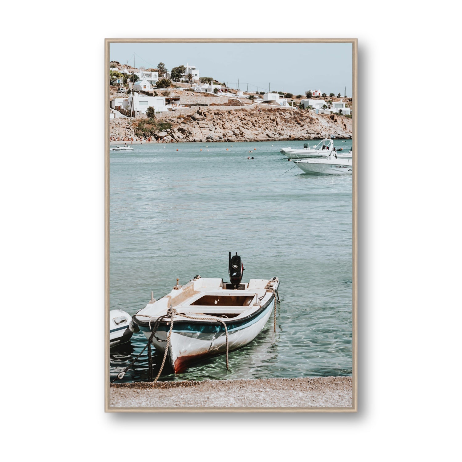 Classic Wheels Mykonos Greek island wall art Statement fine art canvas in natural oak float frame