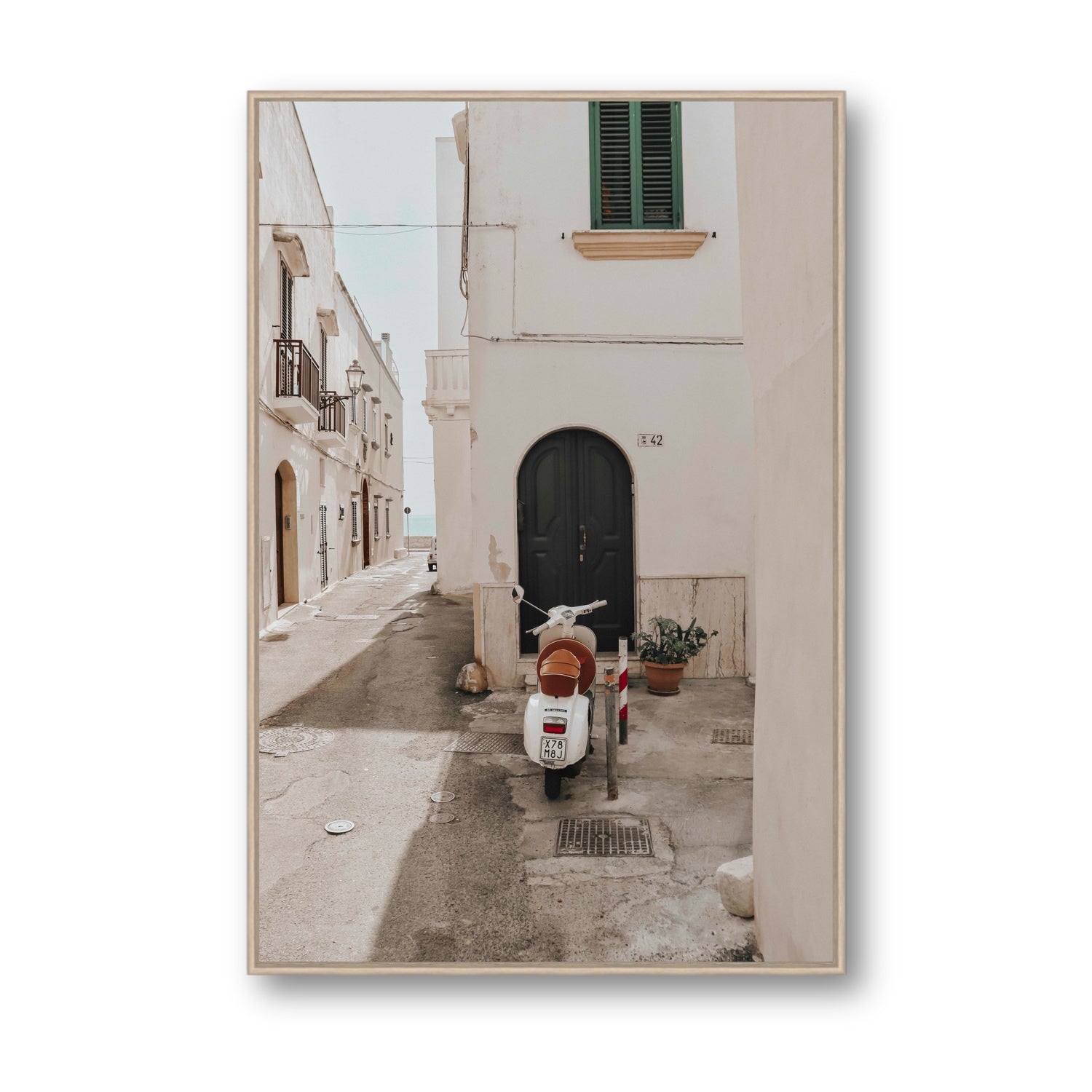 La Casa 42 Puglia Gallipoli Italian wall art Statement fine art canvas in natural oak float frame