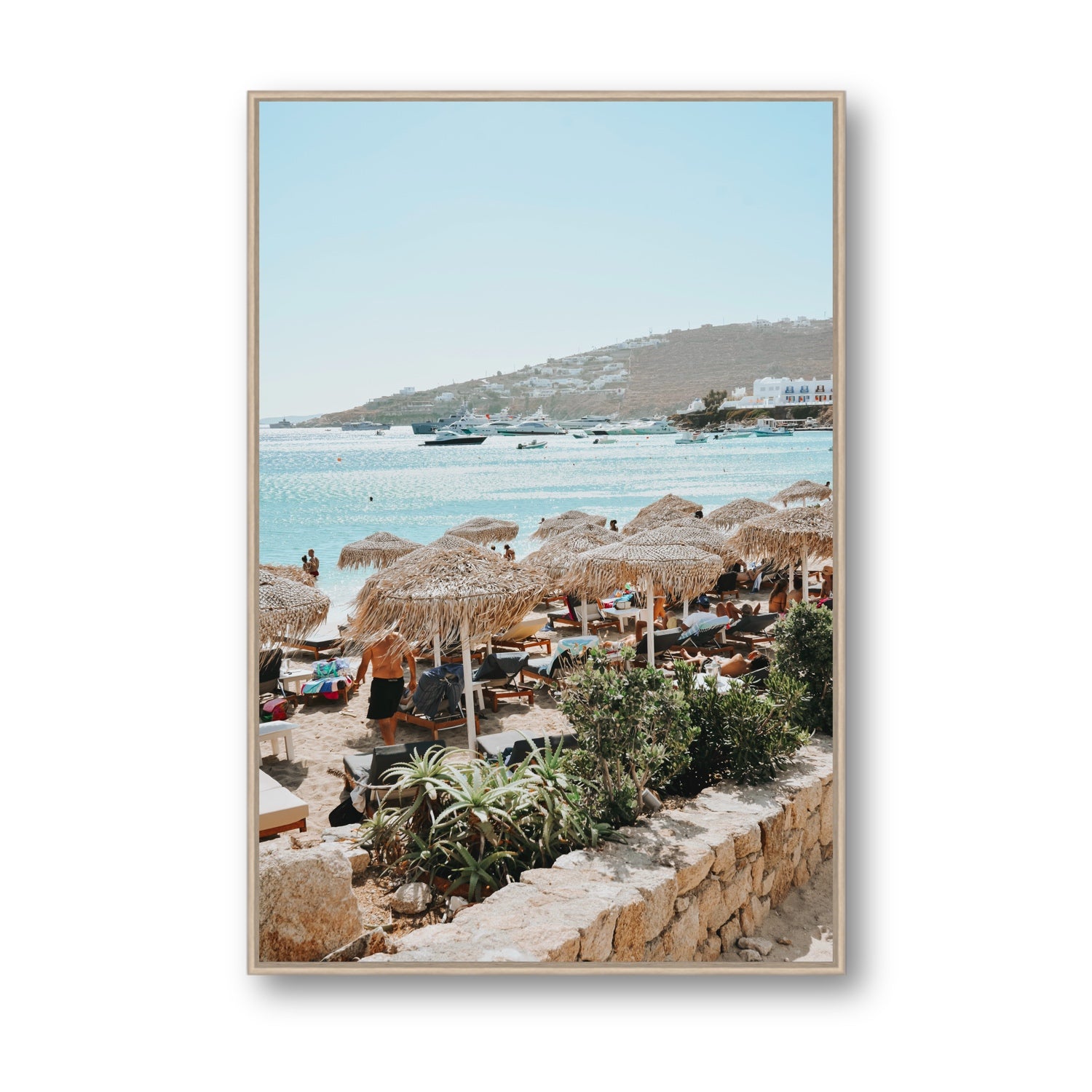 Beachside Huts Mykonos Greek island wall art Statement fine art canvas in natural oak float frame