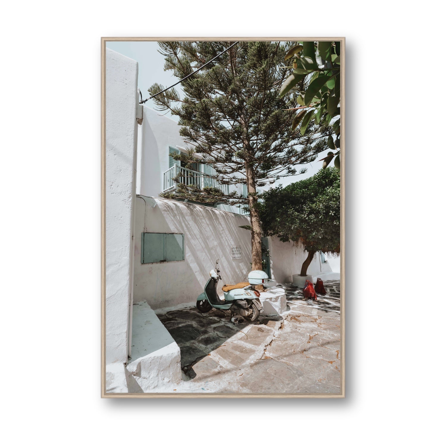 The Getaway Mykonos Mediterranean Greek island art print Statement fine art canvas in natural oak float frame
