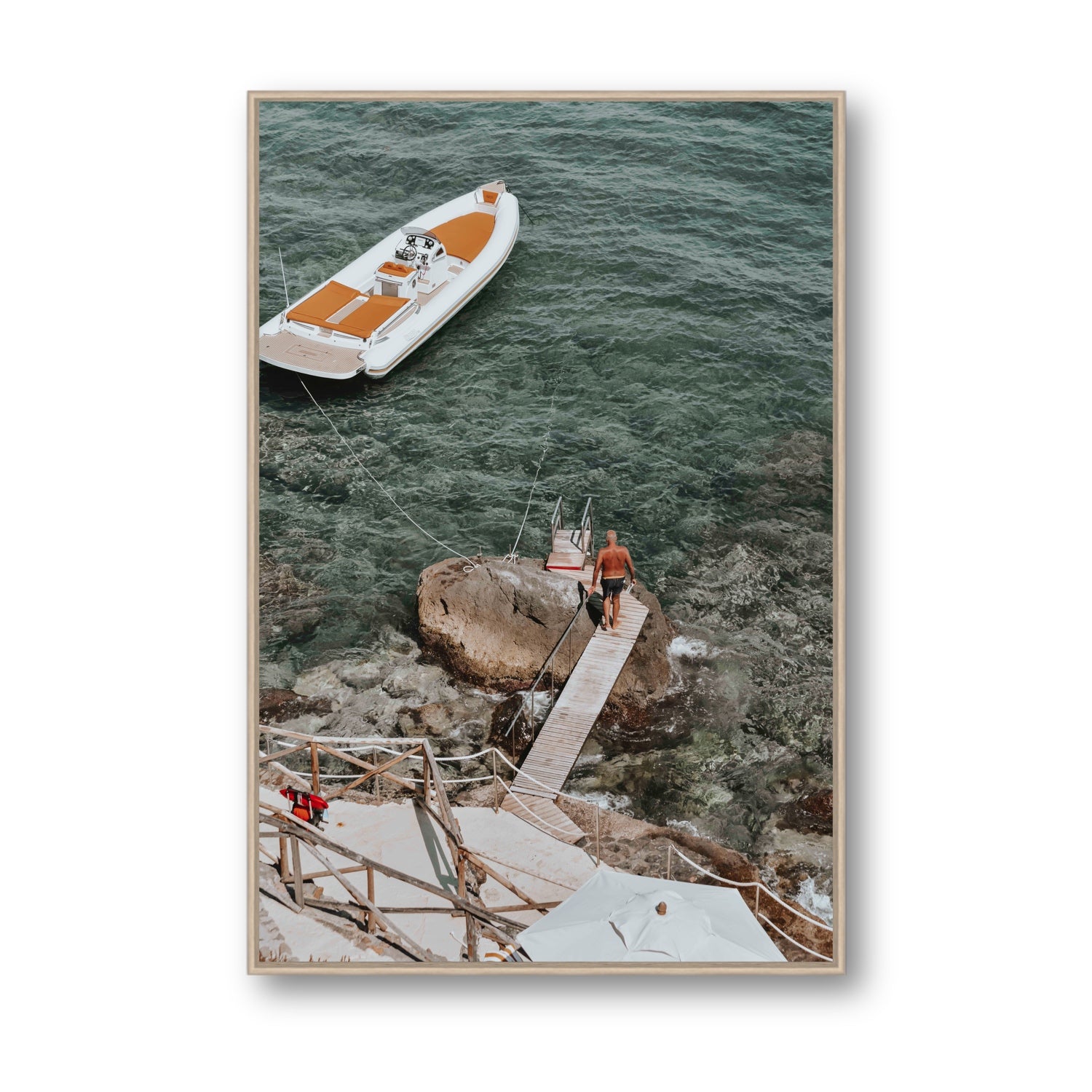 Secret Cove Tuscany coastal Italian wall art Statement fine art canvas in natural oak float frame