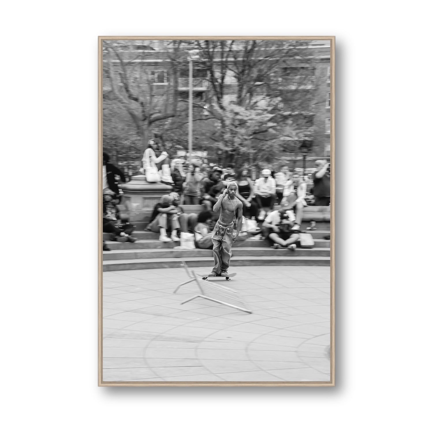 Skate Park Serenade New York NYC Black & White wall art Statement fine art canvas in natural oak float frame
