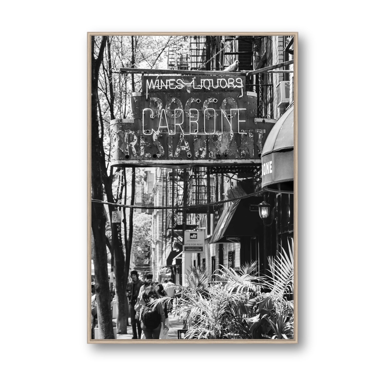 Paparazzi To Pasta New York NYC Black & White wall art Statement fine art canvas in natural oak float frame