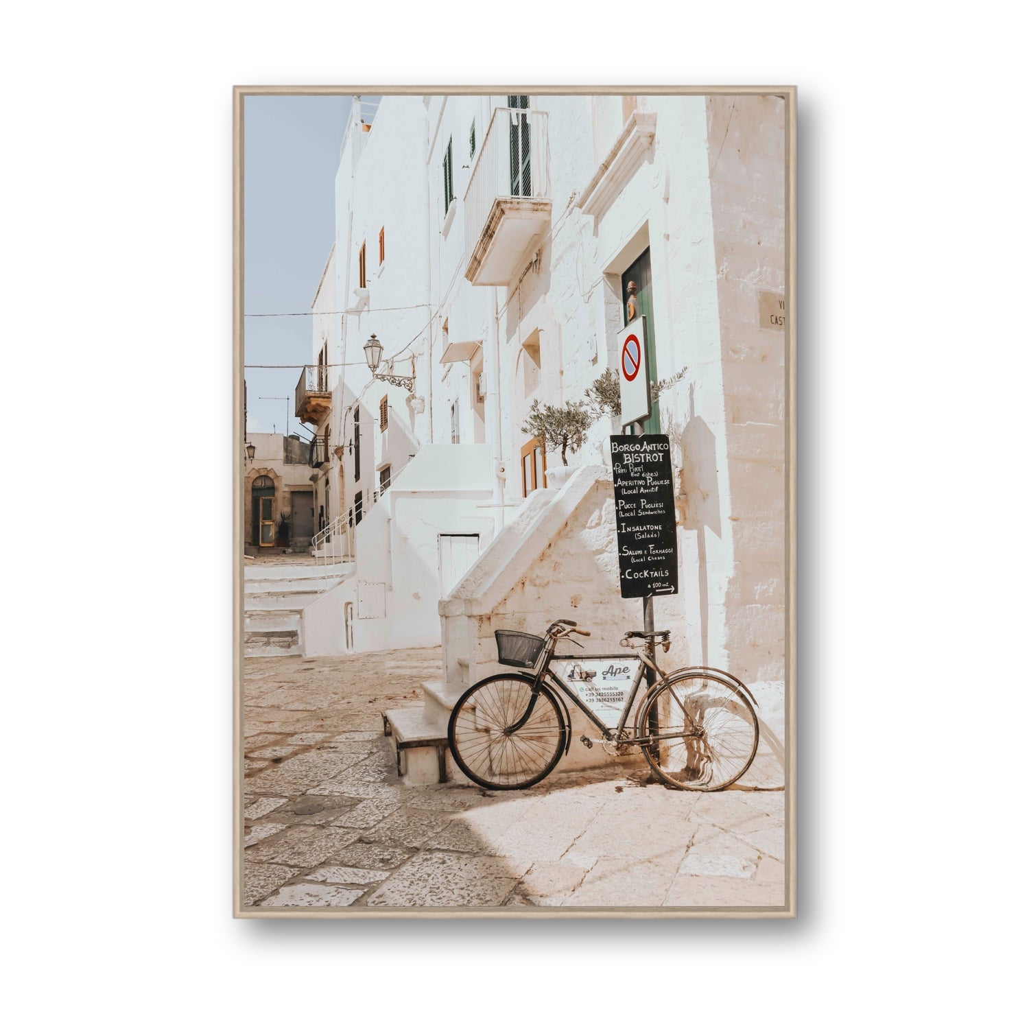 La Bicicletta Puglia Ostuni wall art Statement fine art canvas in natural oak float frame