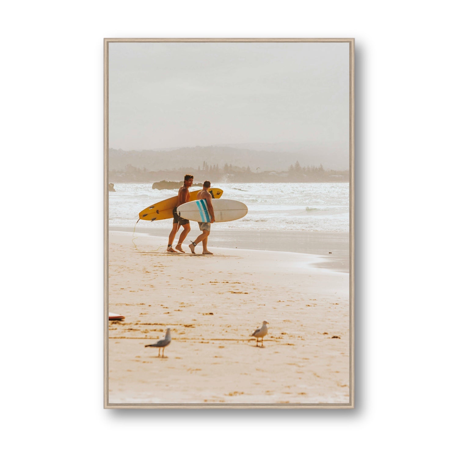Shane & Benji Byron Bay Surf coastal wall art Statement fine art canvas in natural oak float frame
