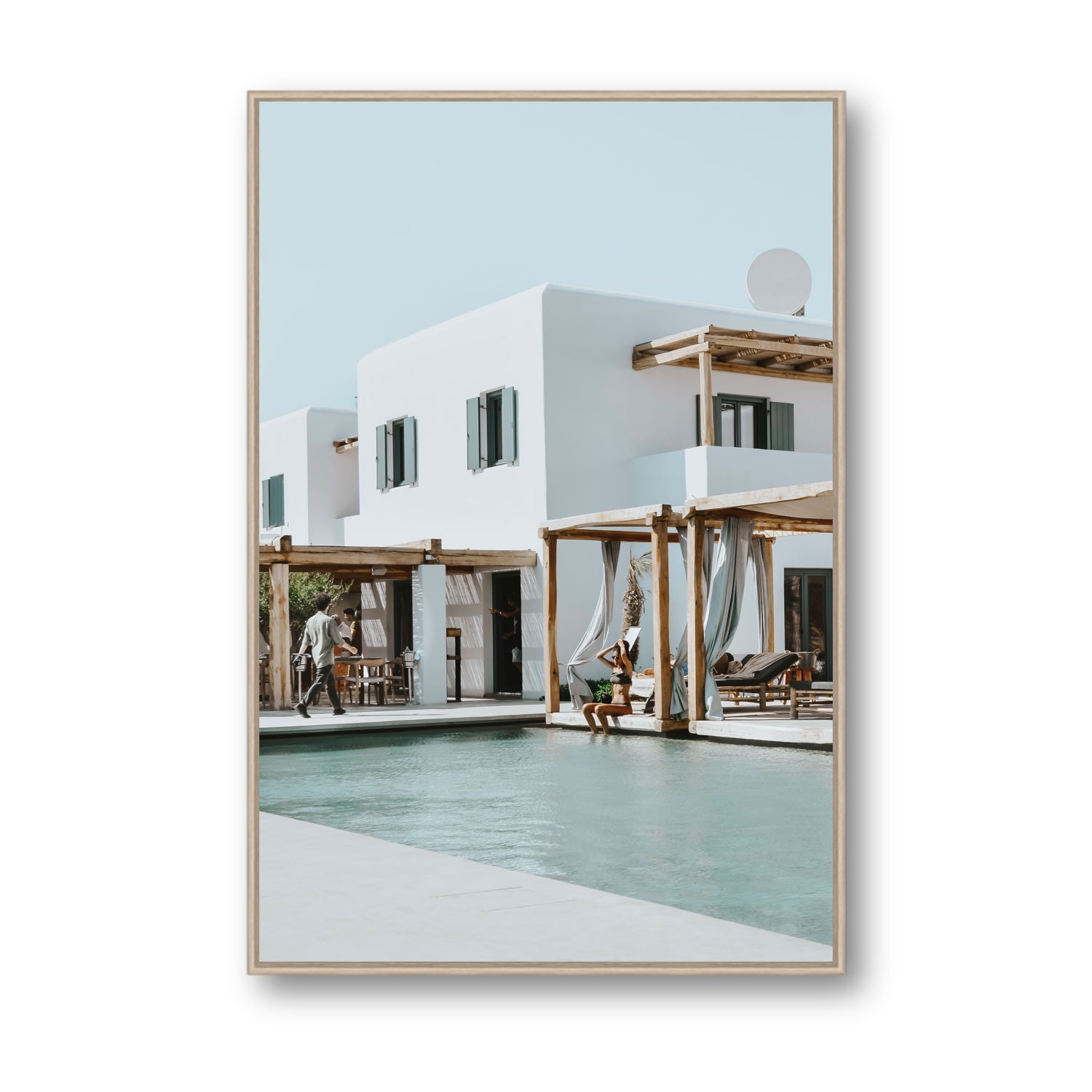 Aphrodite Mykonos Greek island wall art Statement fine art canvas in natural oak float frame