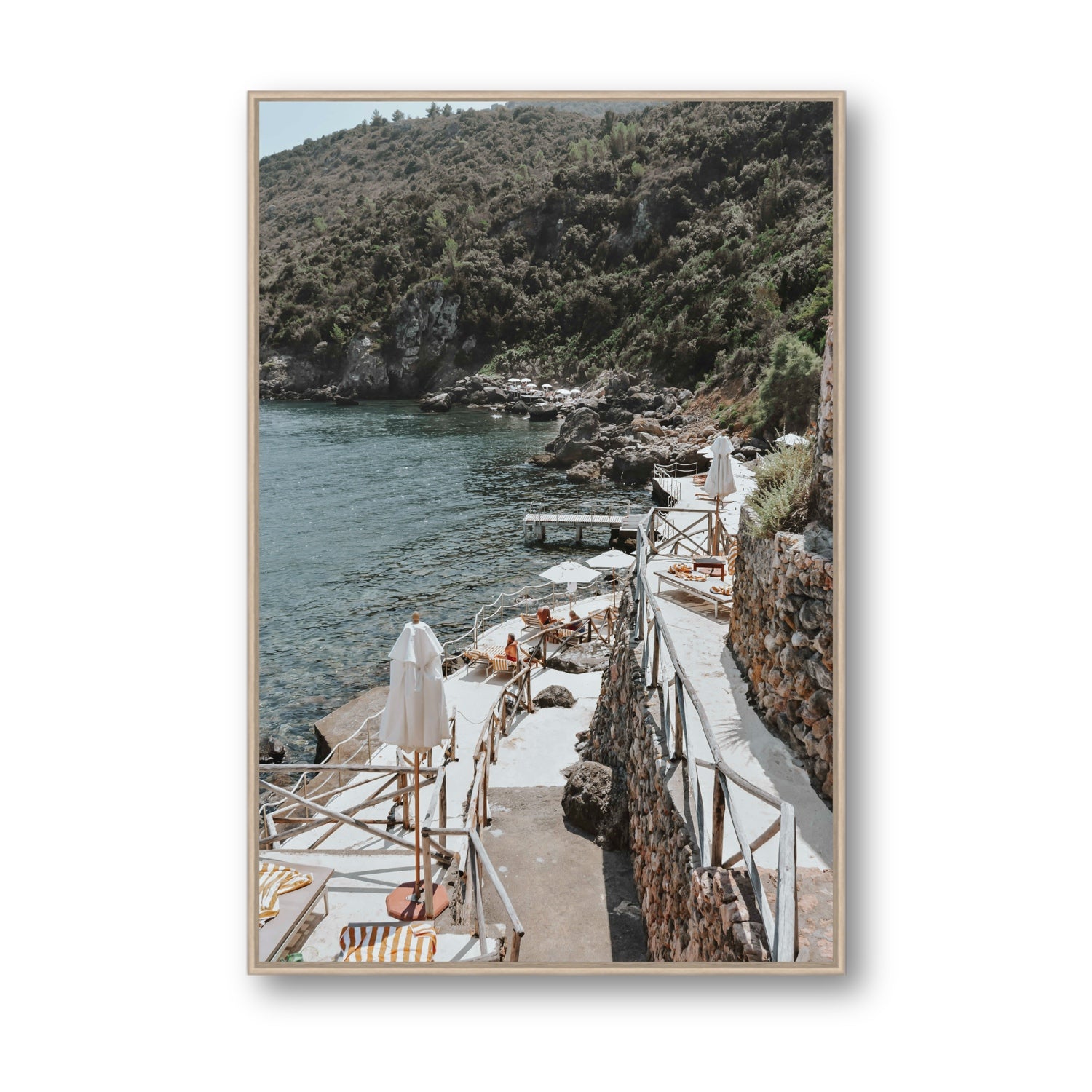 L'Estate Tuscany coastal Italian wall art Statement fine art canvas in natural oak float frame