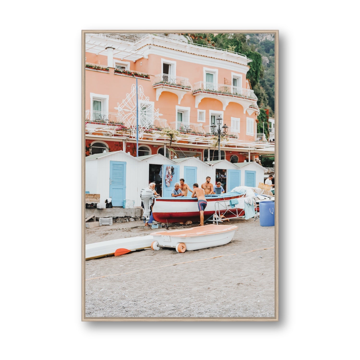 La Riunione della Mattina fine art print, Positano, Italy, Statement, Natural Oak Float Frame, Fine Art Canvas