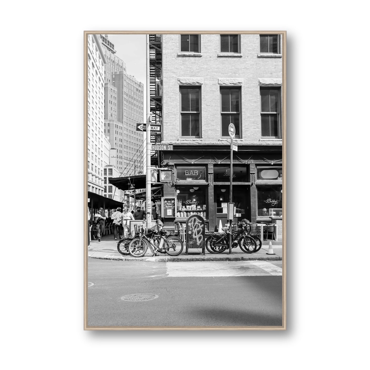 Bites Of The Big Apple New York NYC Black & White wall art Statement fine art canvas in natural oak float frame