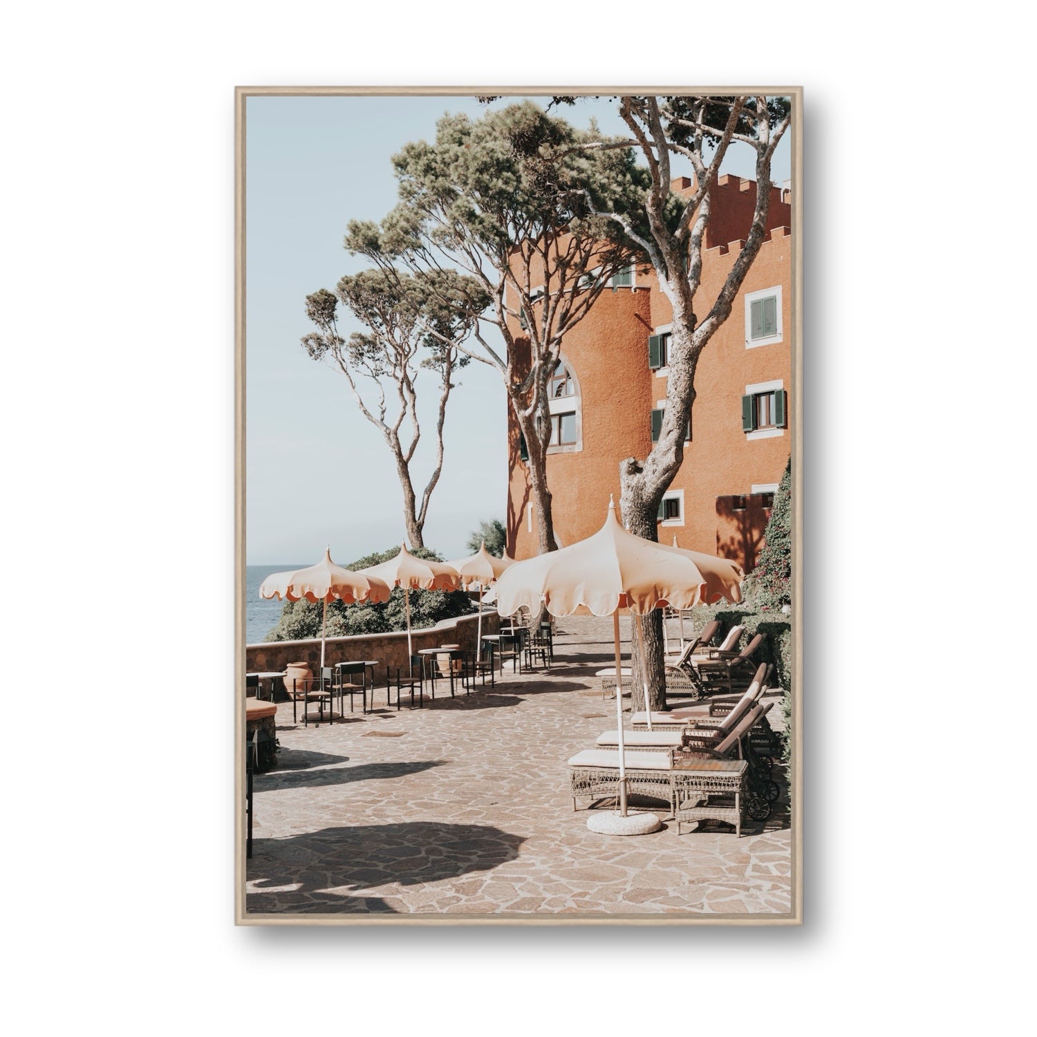 Mezzatorre Ischia Italian Mediterranean decor wall art Statement fine art canvas in natural oak float frame