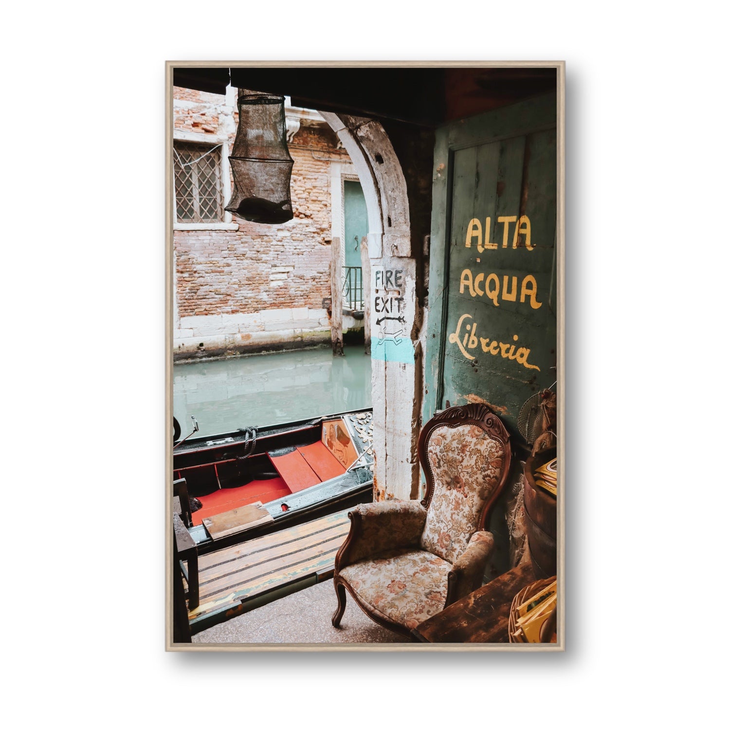 Alta Acqua Venice Bookstore wall art Statement fine art canvas in natural oak float frame