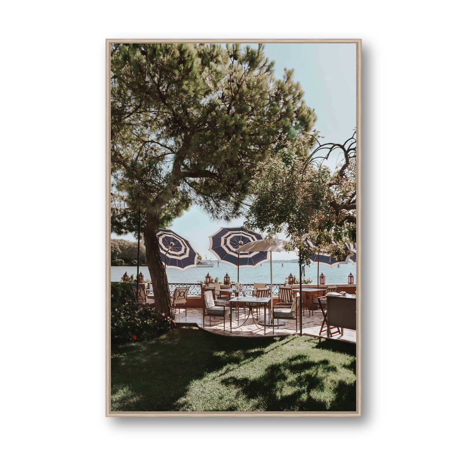Tranquil Gardens Venice Italian wall art Statement fine art canvas in natural oak float frame
