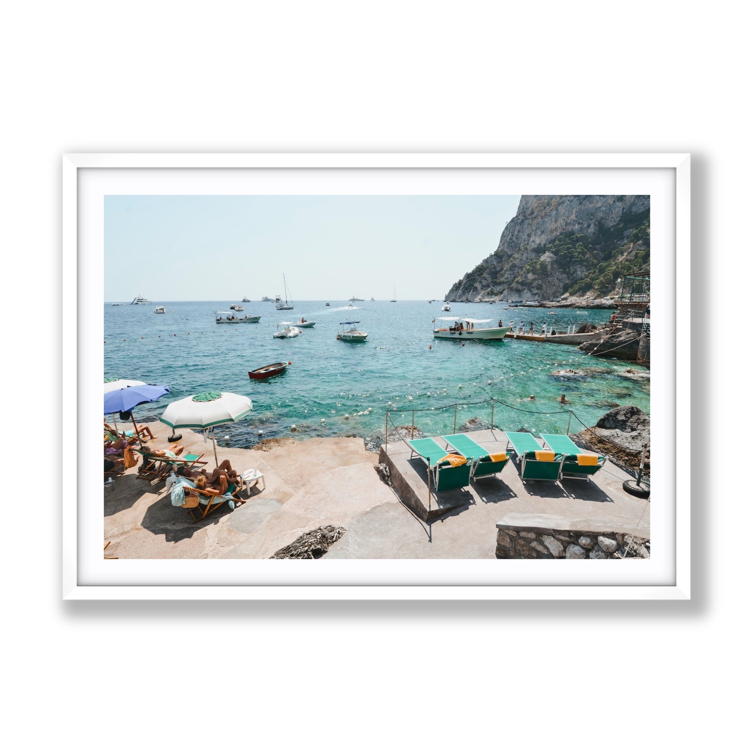 Save Me A Seat Capri Mediterranean wall art Gallery fine art print in white frame with matboard