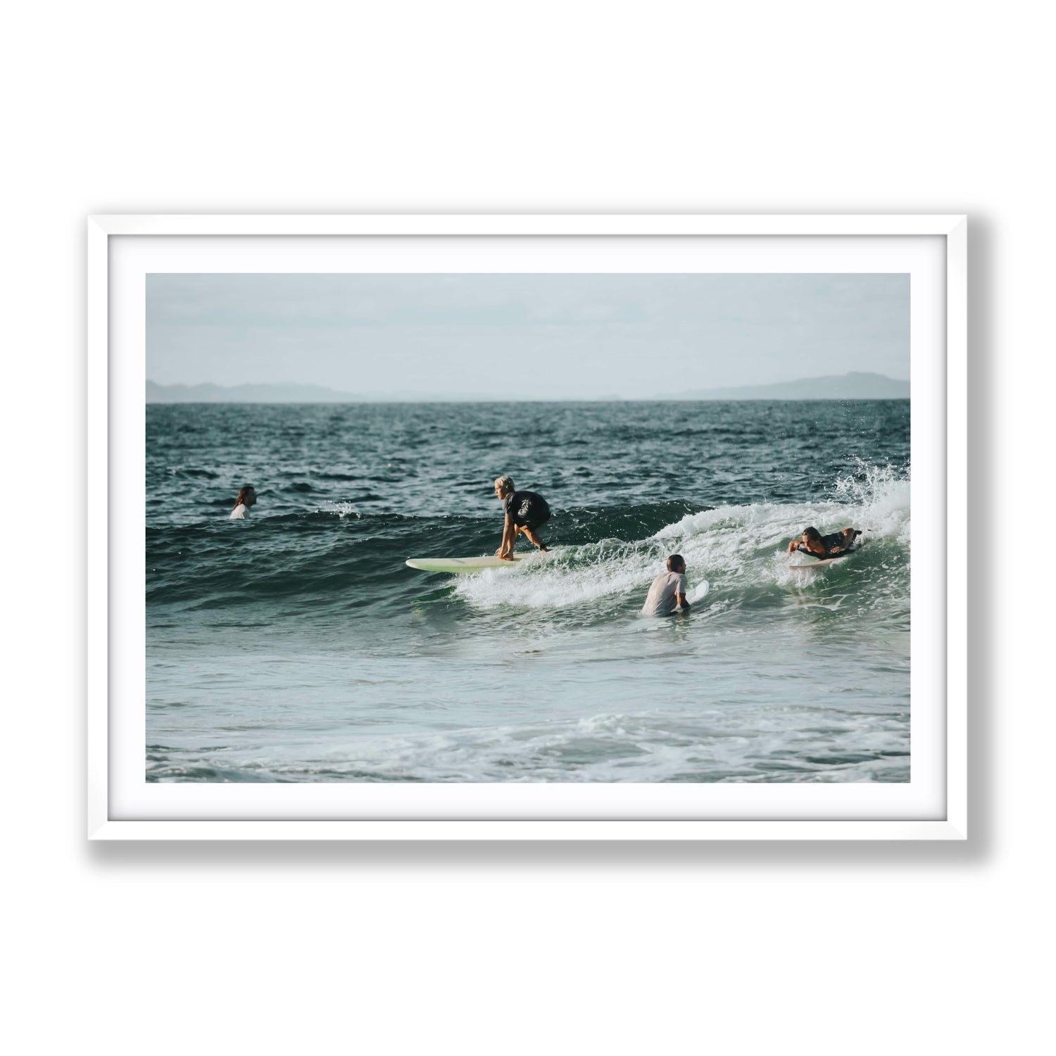 The Boys of Summer Byron Bay Surf coastal wall art Gallery fine art print in white frame with matboard