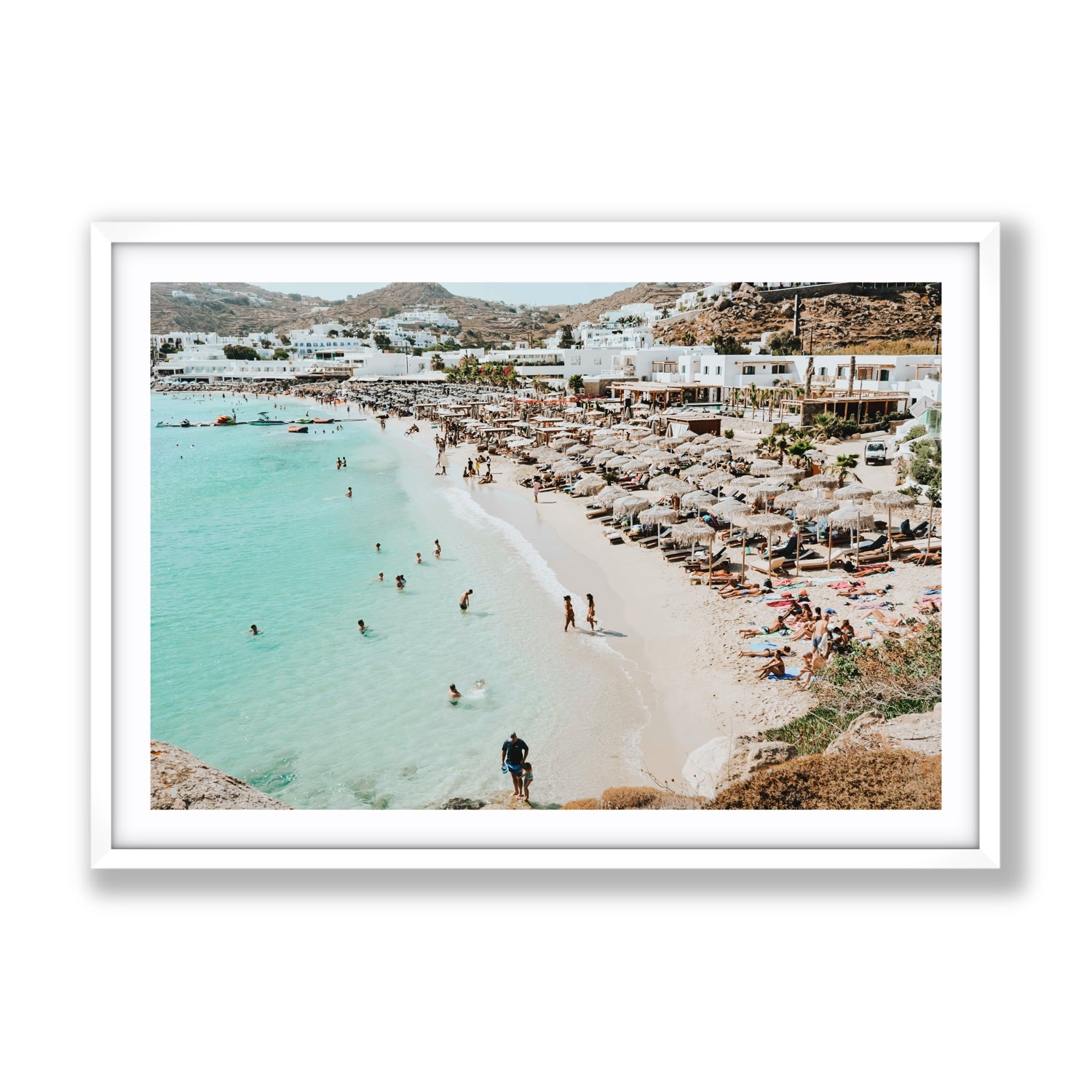 Aquaholic Mykonos Greek island wall art Gallery fine art print in white frame with matboard