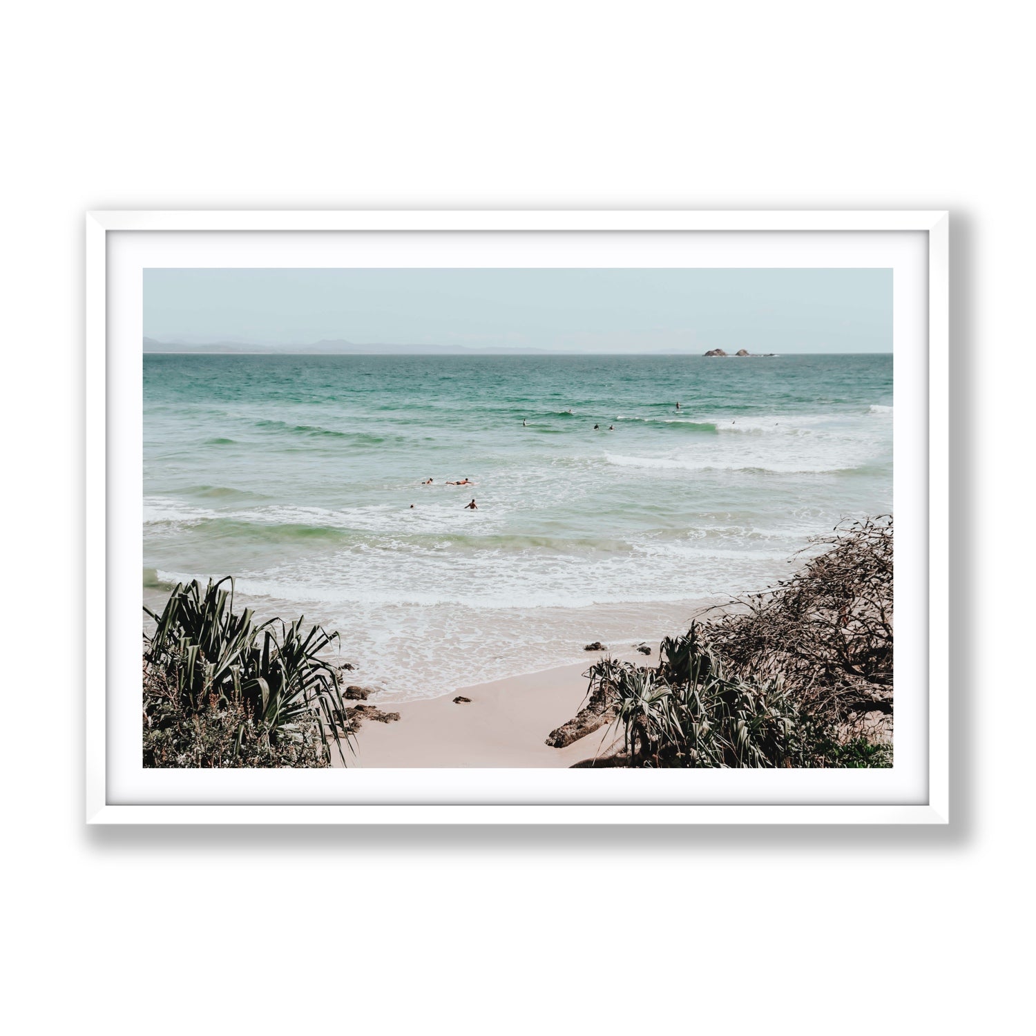 Surf City Byron Bay Surf coastal wall art Gallery fine art print in white frame with matboard